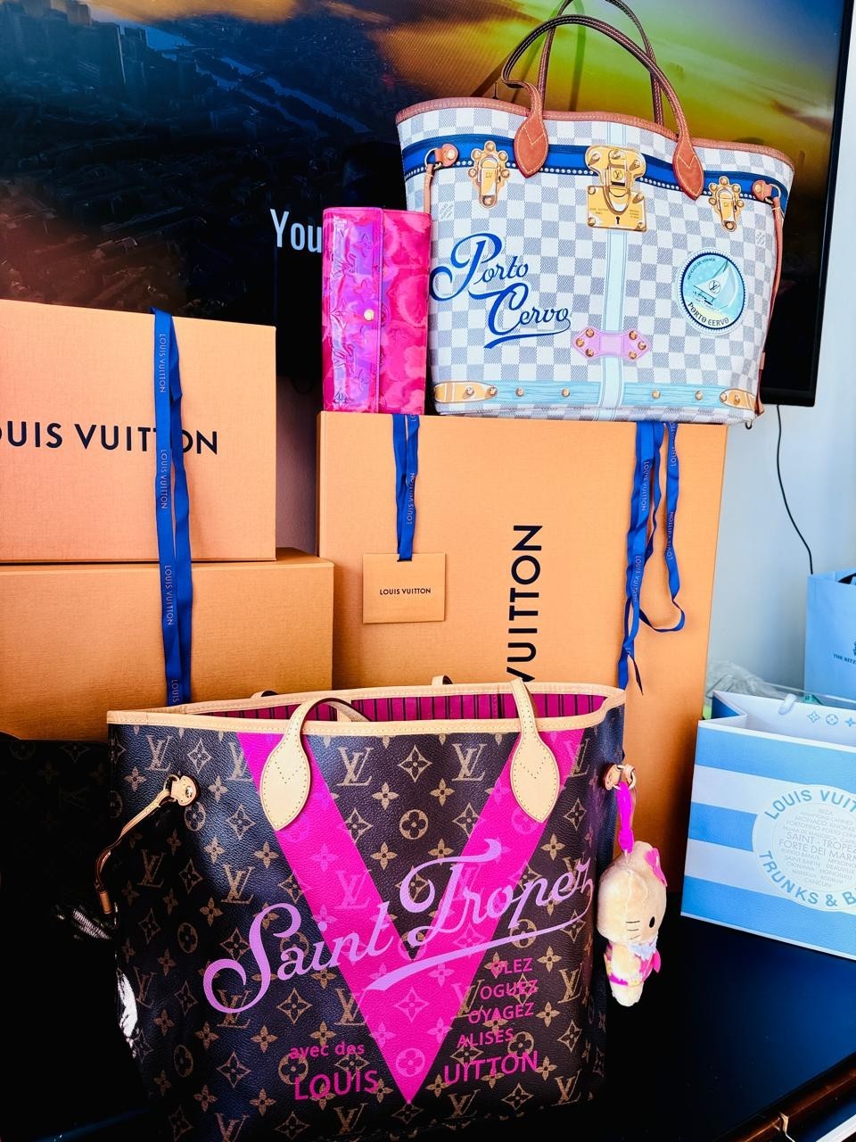 Louis Vuitton SAINT TROPEZ Neverfull MM Bag Pondicherry Pink Monogram + POCHETTE