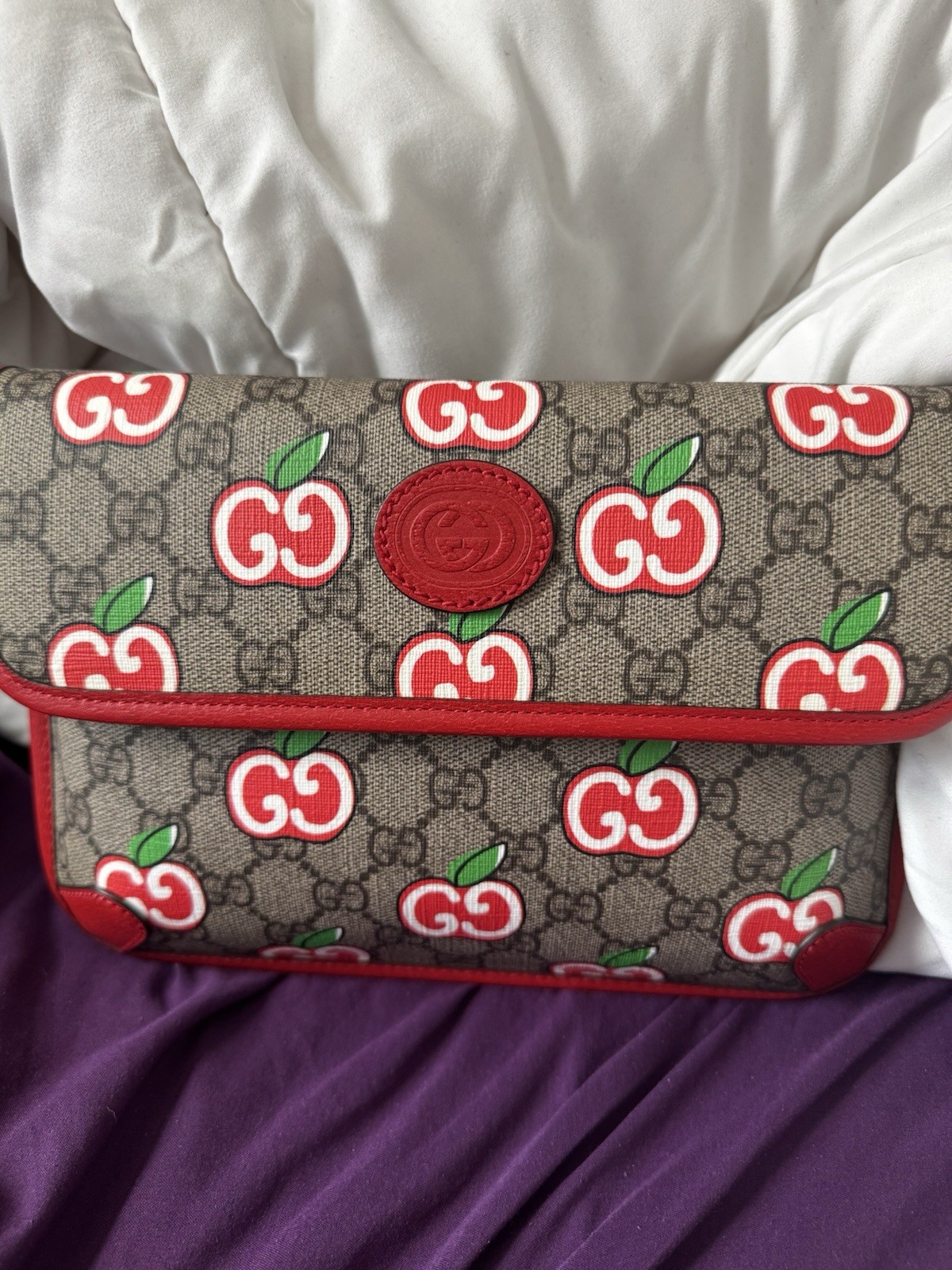 Gucci GG Supreme Apple Print Monogram Crossbody Bag Red Trim Gold Hardware