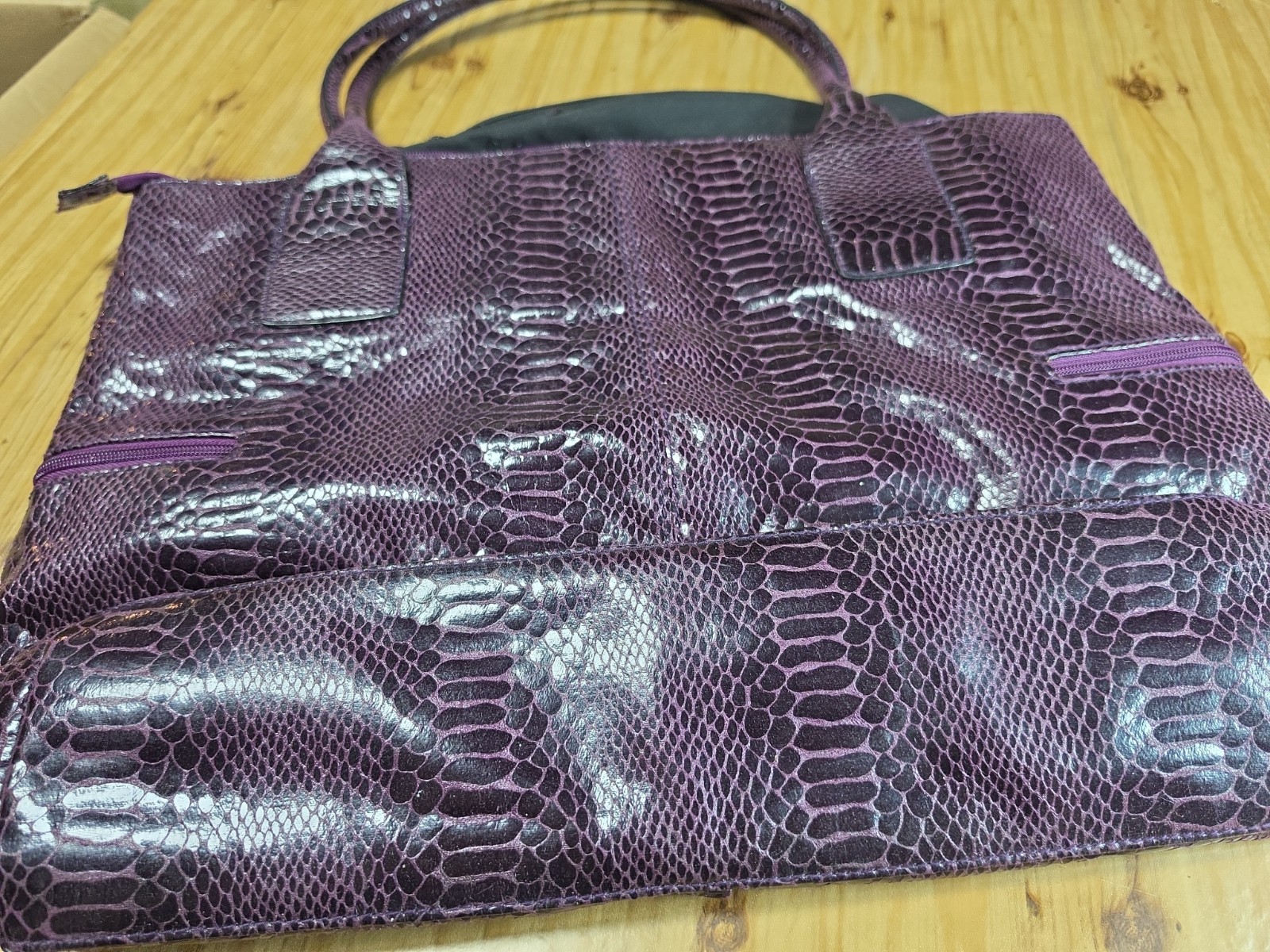 Brand Attention Faux Snakeskin/Leather Eggplant/ Purple Tote Handbag