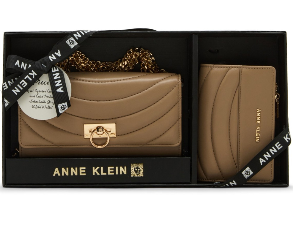Anne Klein 2 Piece Flap Crossbody bag Bifold Wallet Gift Set Truffle Beige Gold