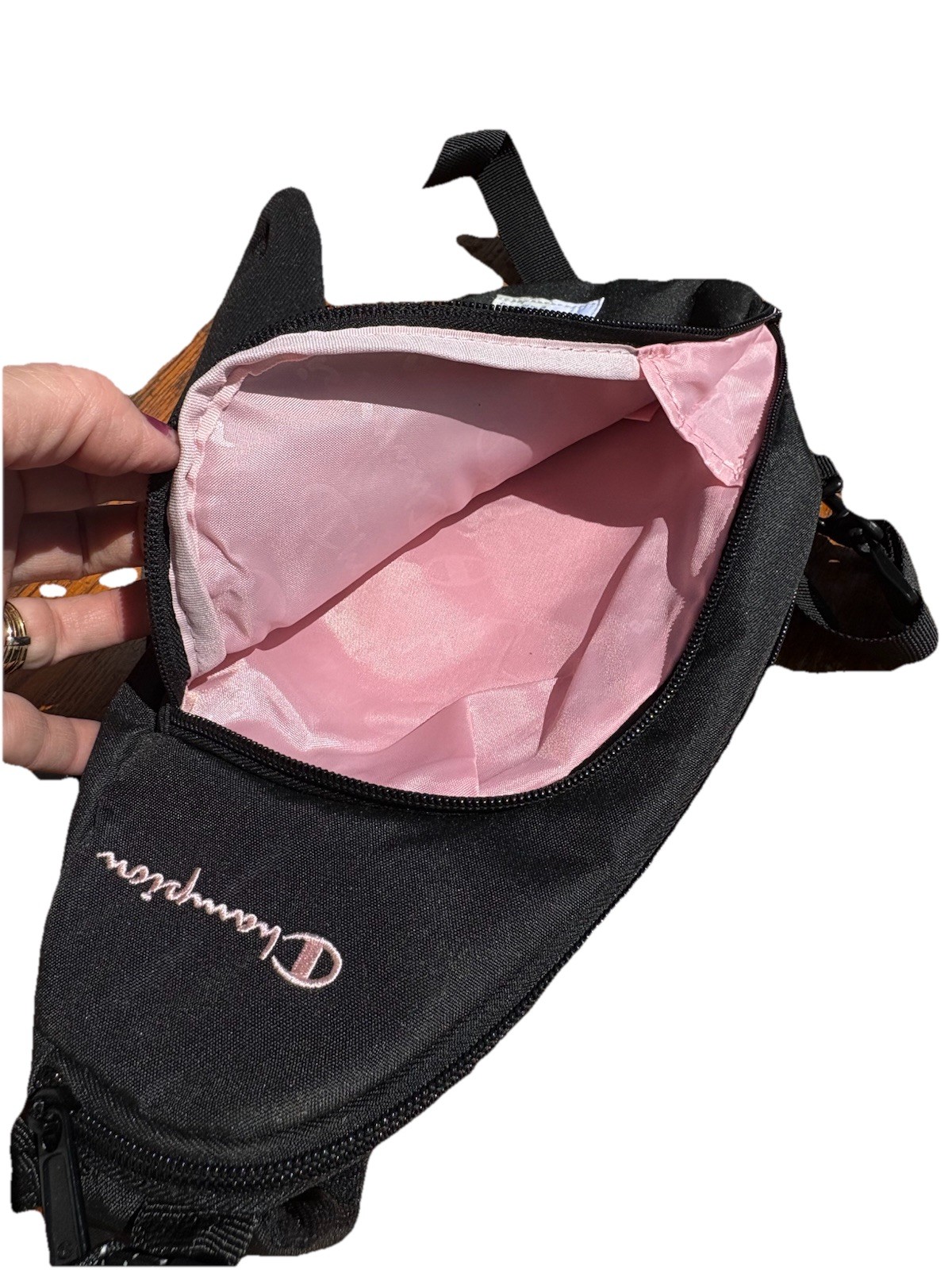 Champion Sling Bag Crossbody Backpack Black Pink Logo Athletic Travel Vacation