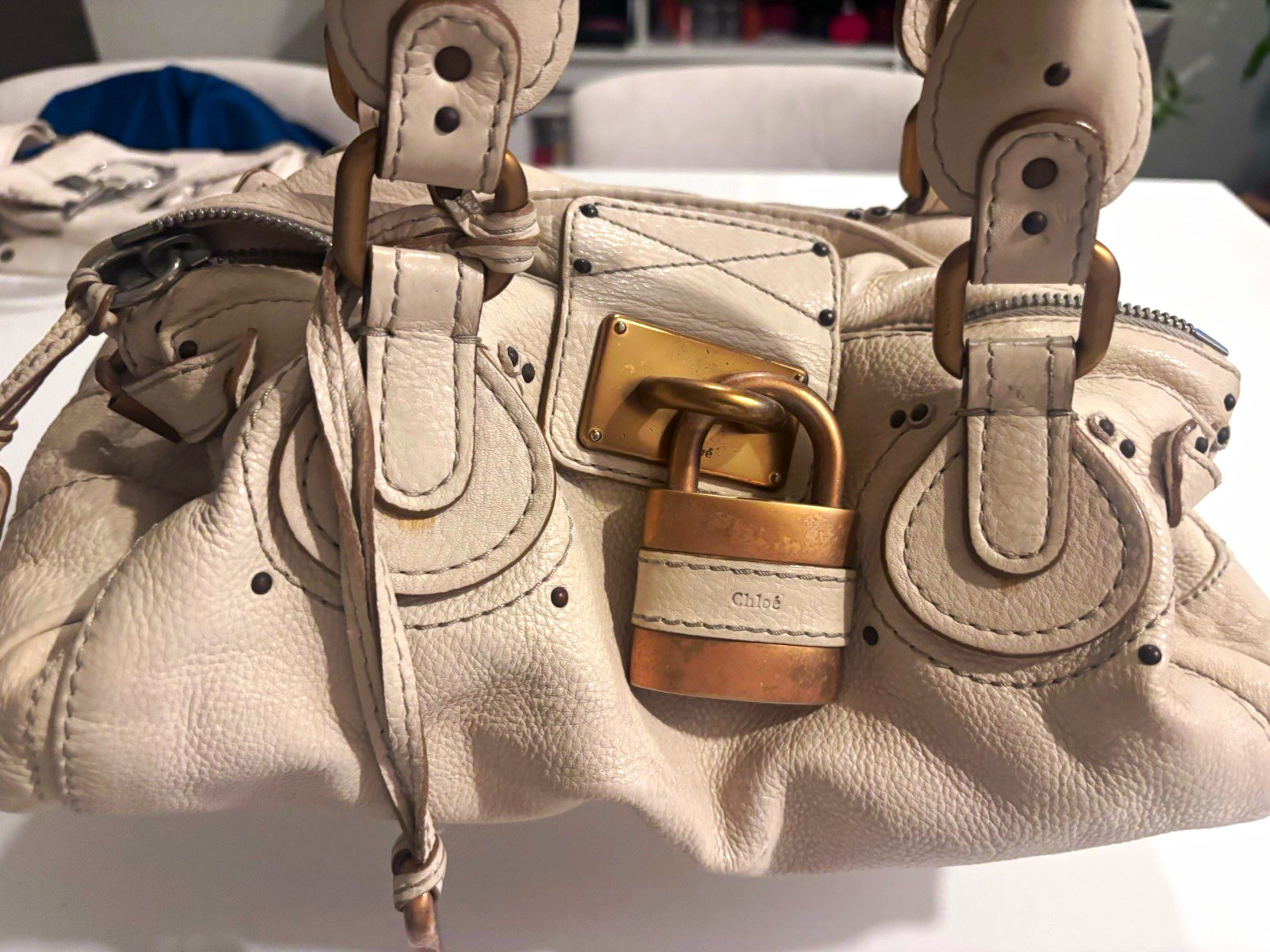 Chloe Paddington Cream Ivory Leather Satchel Bag w/Padlock Vintage Authentic