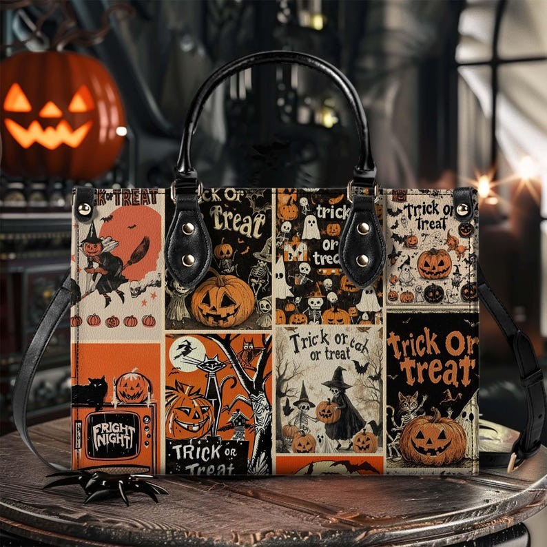 Halloween Print 3D Effect Leather Handbag With Handle, Ghost Pumpkin Bag, Wallet