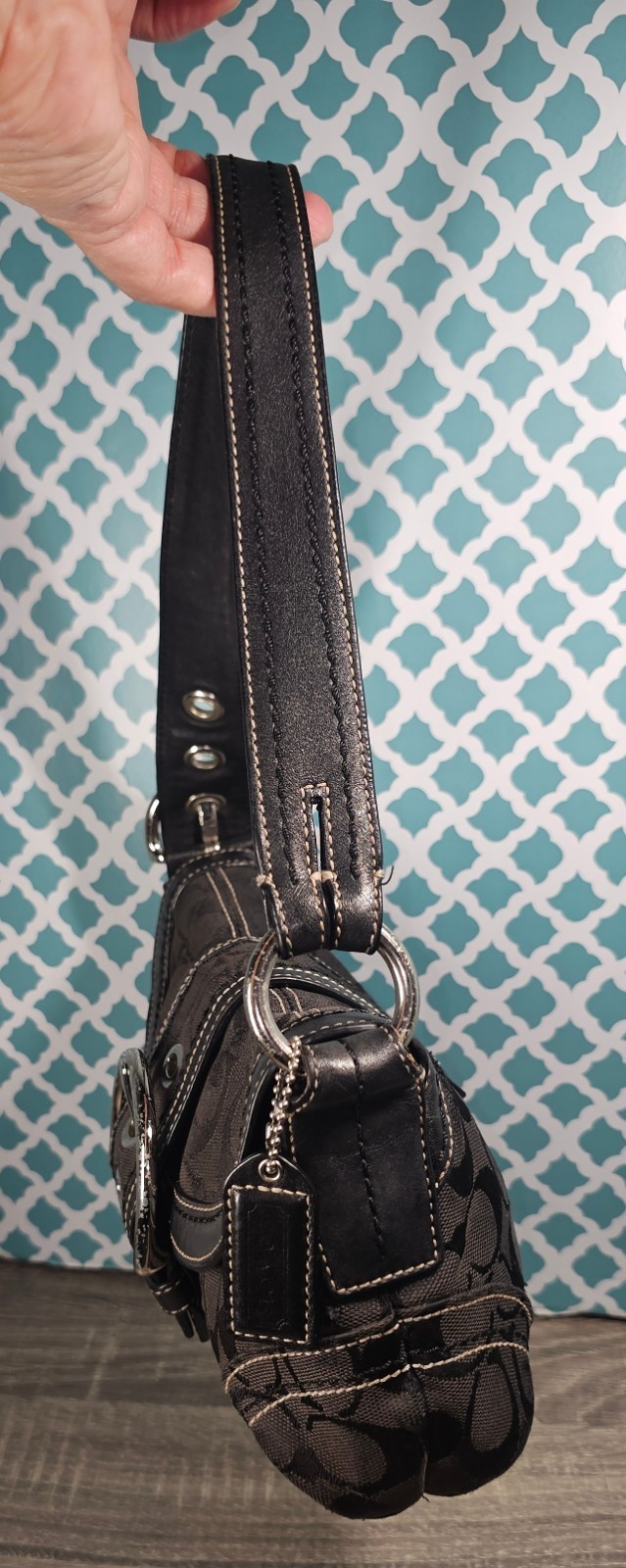 Coach Soho mini flap shoulder Signature C Jacquard bag black silver Hardware