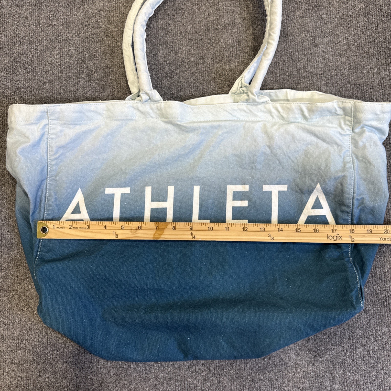 Athleta Canvas Tote Bag Dip Dye Blue Ombre Large Logo Gym Beach Shopping