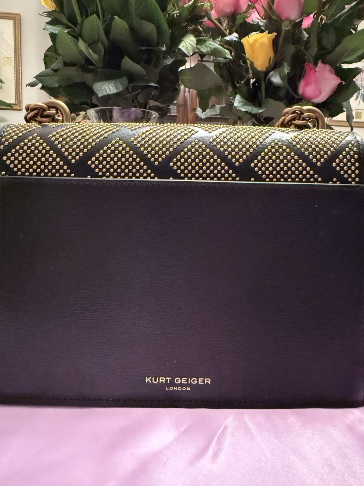 Kurt Geiger Shoreditch Cross Body, Black Leather, Gold Studded, Brass Eagle NWOT
