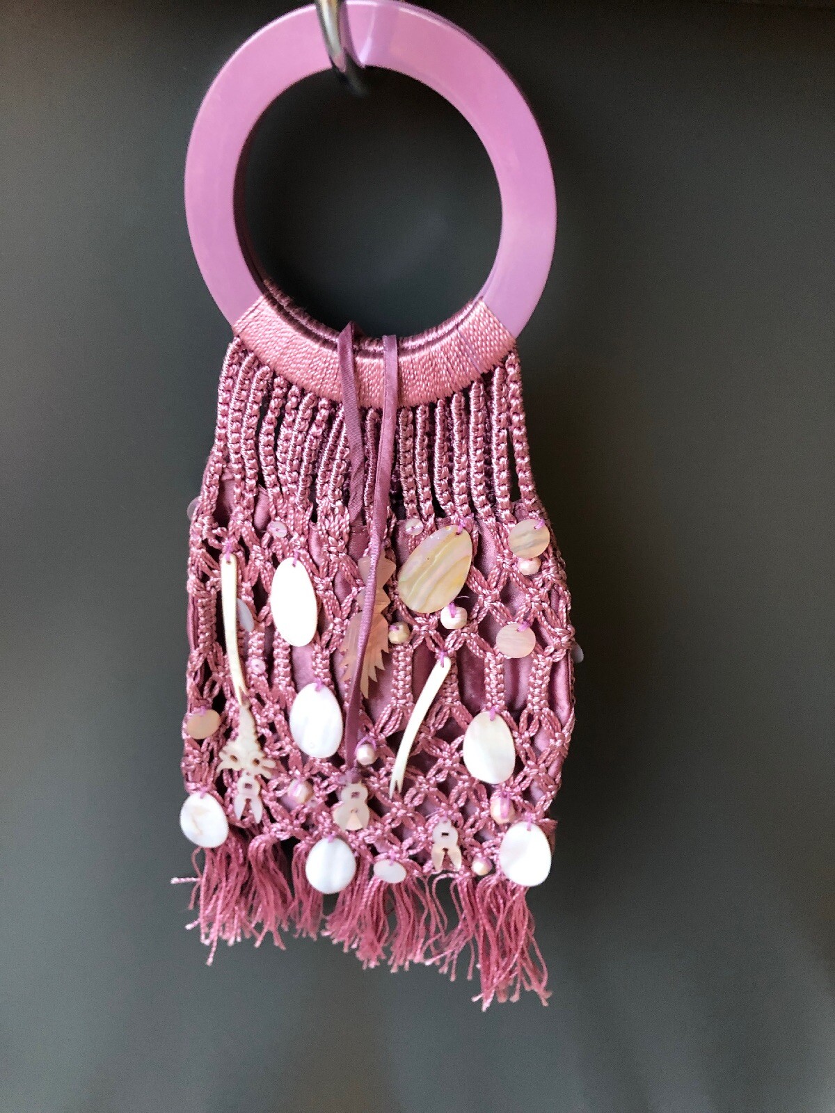 Samantha Heskia Flapper Style Pink Macrame Evening Bag w/ Mother of Pearl Charms