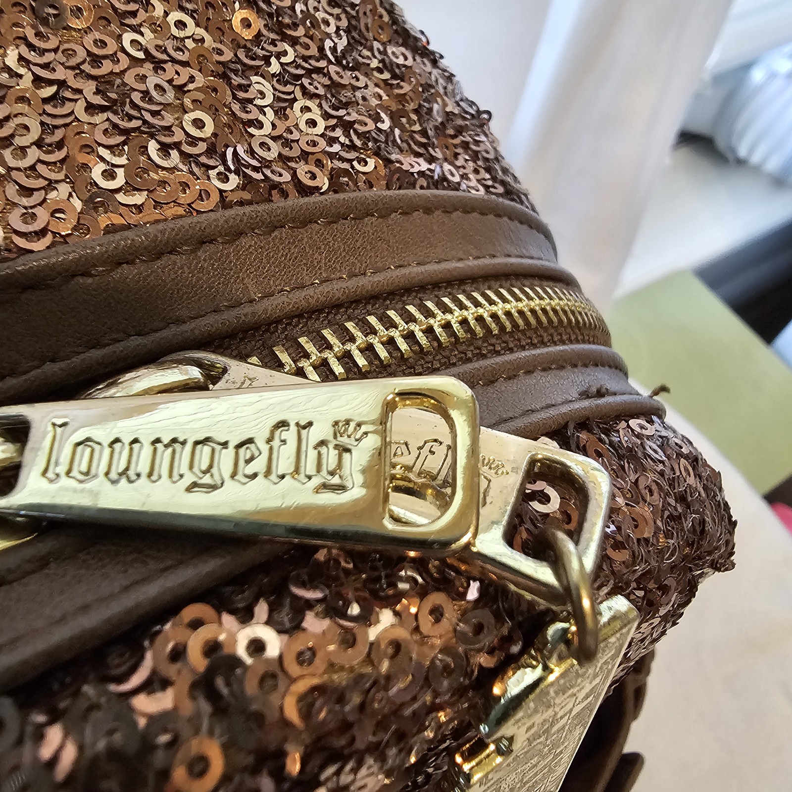 Loungefly Biltmore Brown Sequin Backpack Gold Hardware Bag Charm 10×9.5x5in EUC