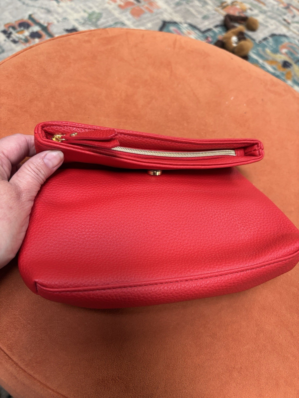 Red Pebbled Faux Leather Clutch Purse Zip Closure Pouch Case with Snap Flap