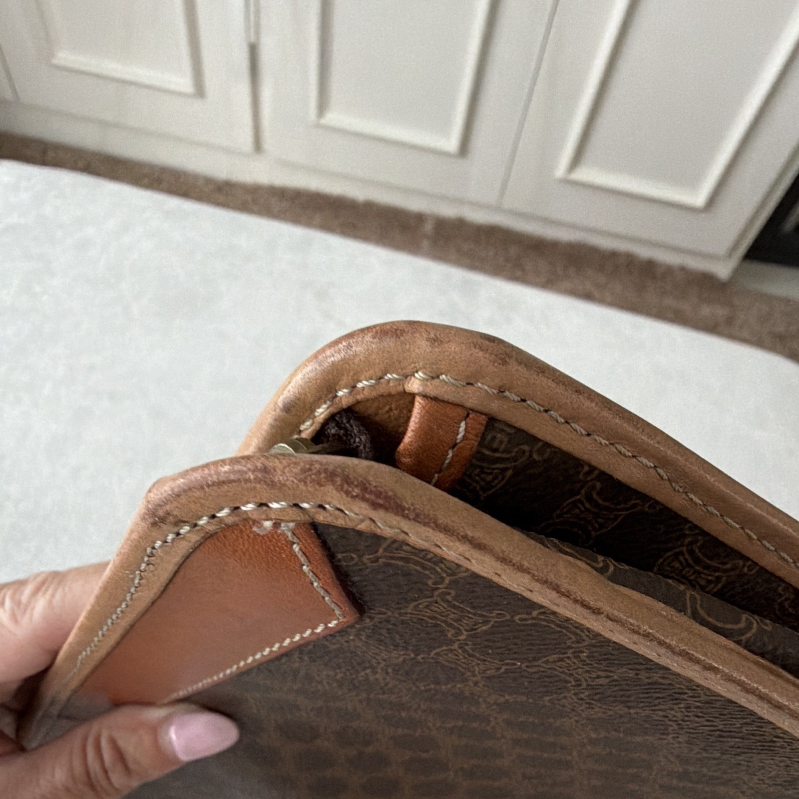 ⁠Vintage CELINE Macadam Canvas Clutch Pouch Wristlet Brown Tan Leather Trim