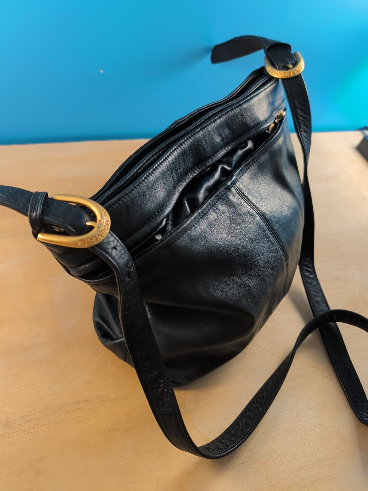 Vintage 90s Medium Leather Handbag Shoulder Bag Popstitch Multi Section green