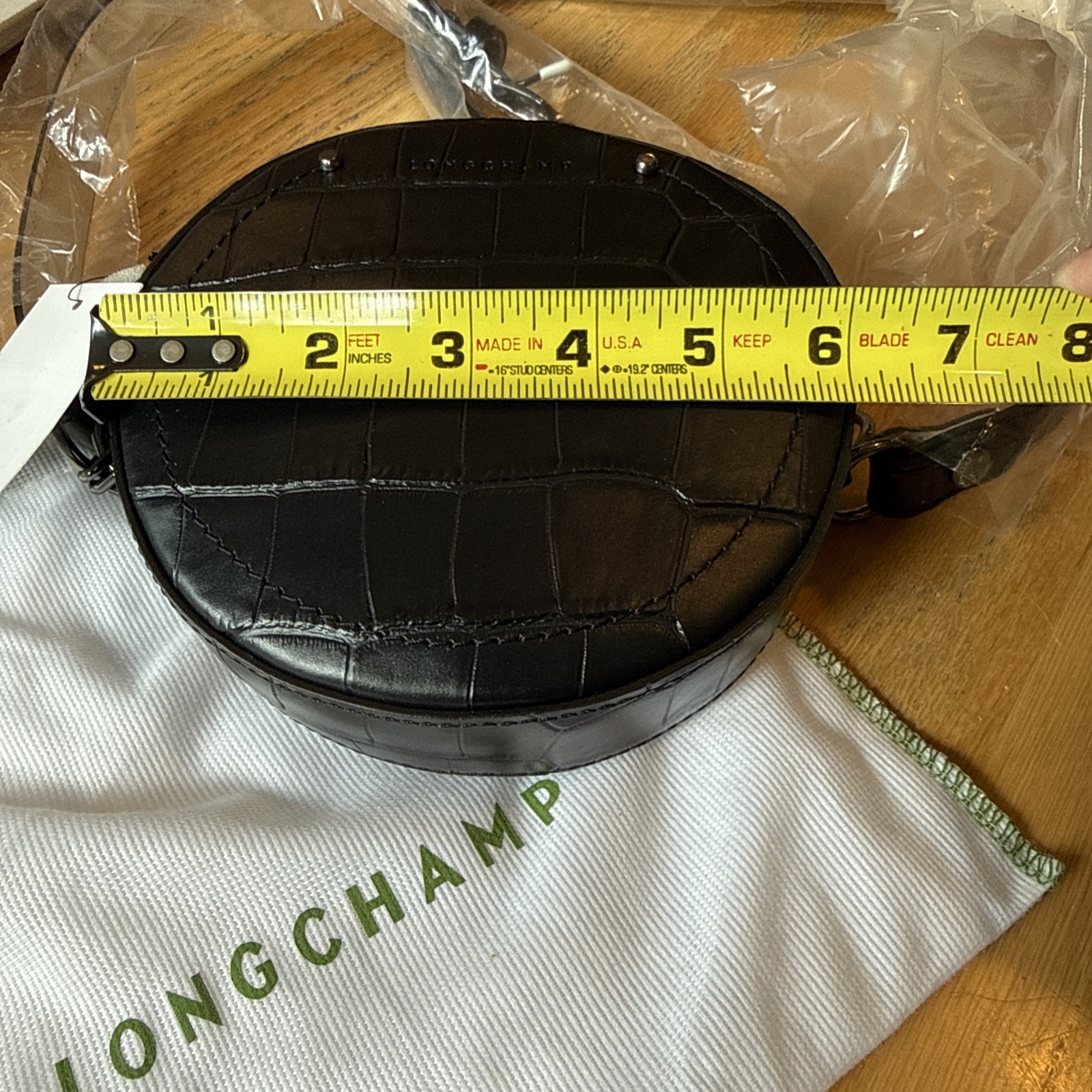 LONGCHAMP CrocoEmbossed Round Belt Bag Black 16cm Dia 4 5cm Authentic NWT