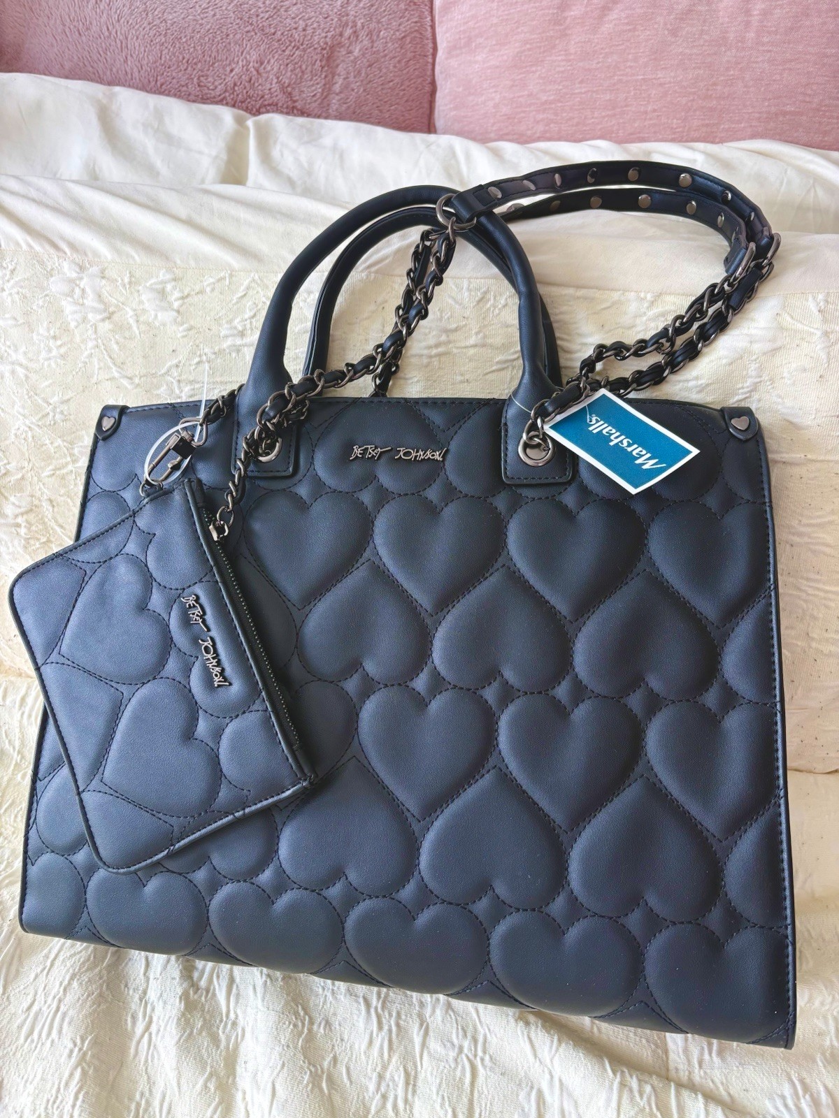 RARE Betsey Johnson Black Quilted Heart Tote & Pouch