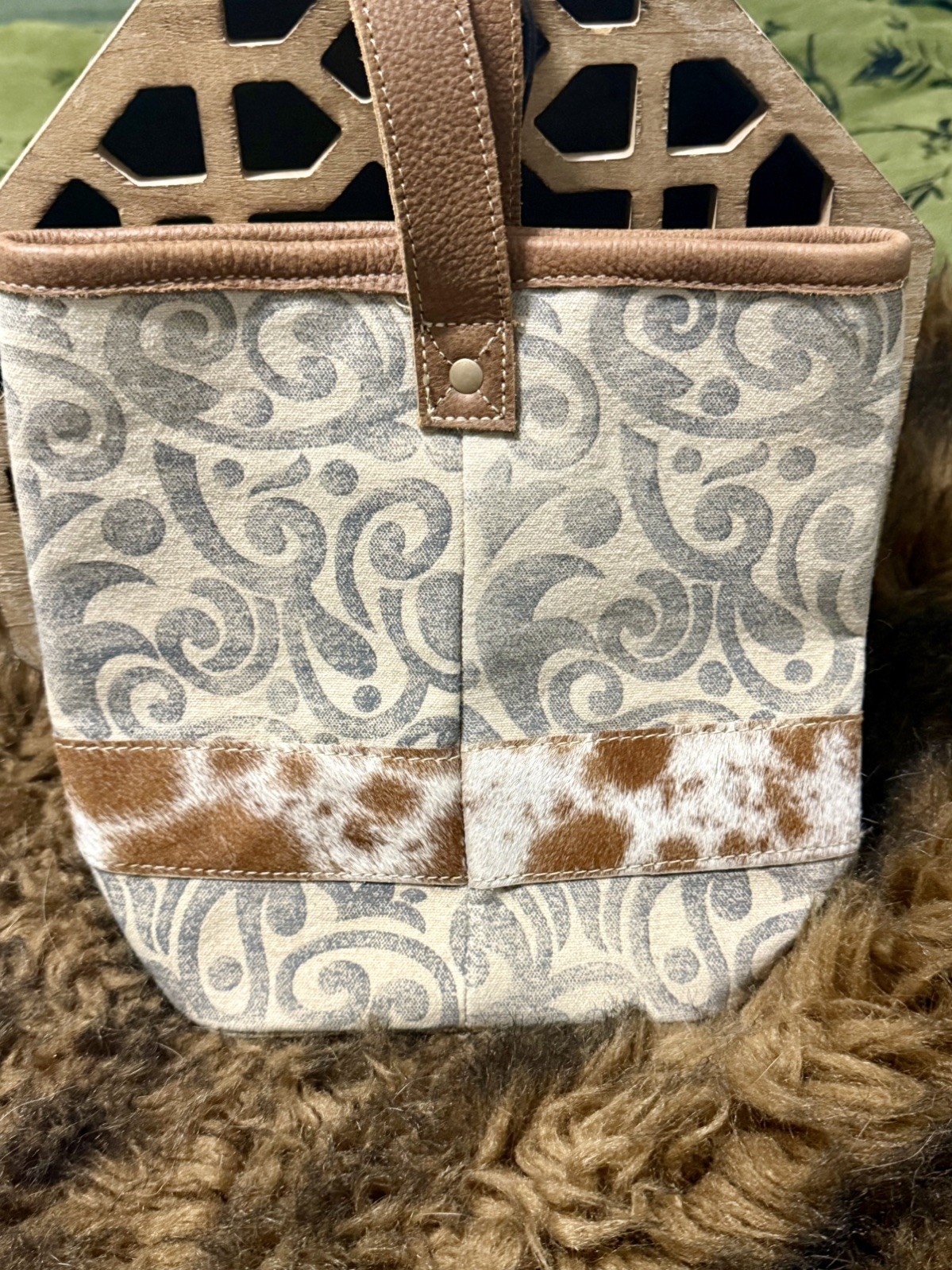 NWT Myra Bag Tote Women Cowhide Leather Canvas Lunch Tote Western Cow Hair