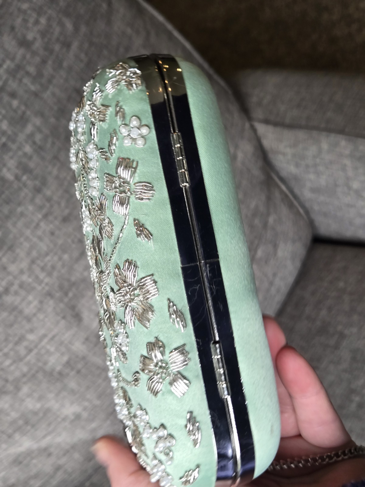 Badgley Mischka Mint Green Beaded Minaudiere Crossbody/clutch Silver Metallic