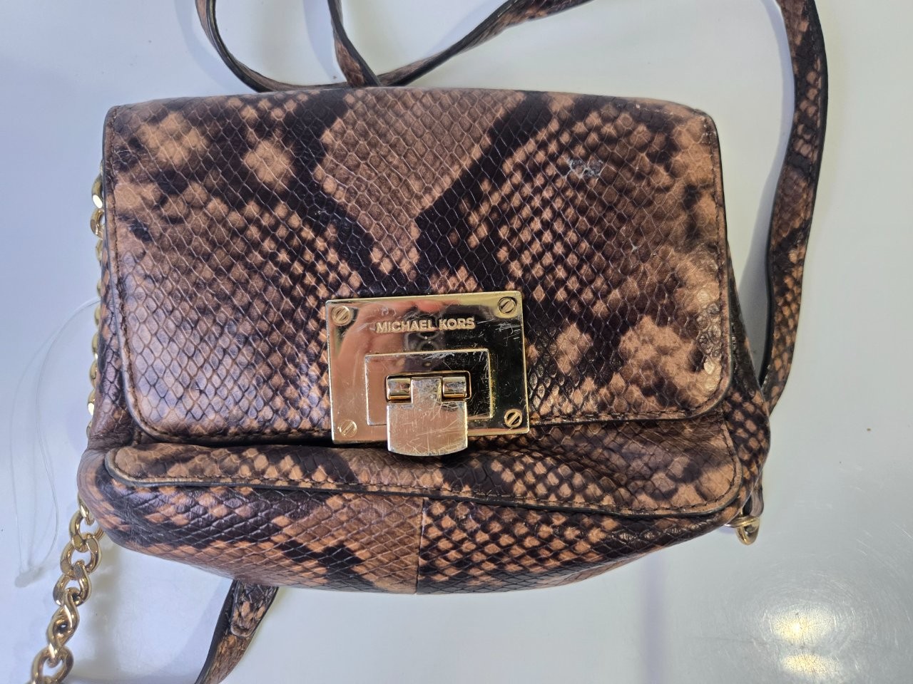 Michael Kors Brown Snakeskin Print Flap Crossbody Bag Push Lock Chain Strap