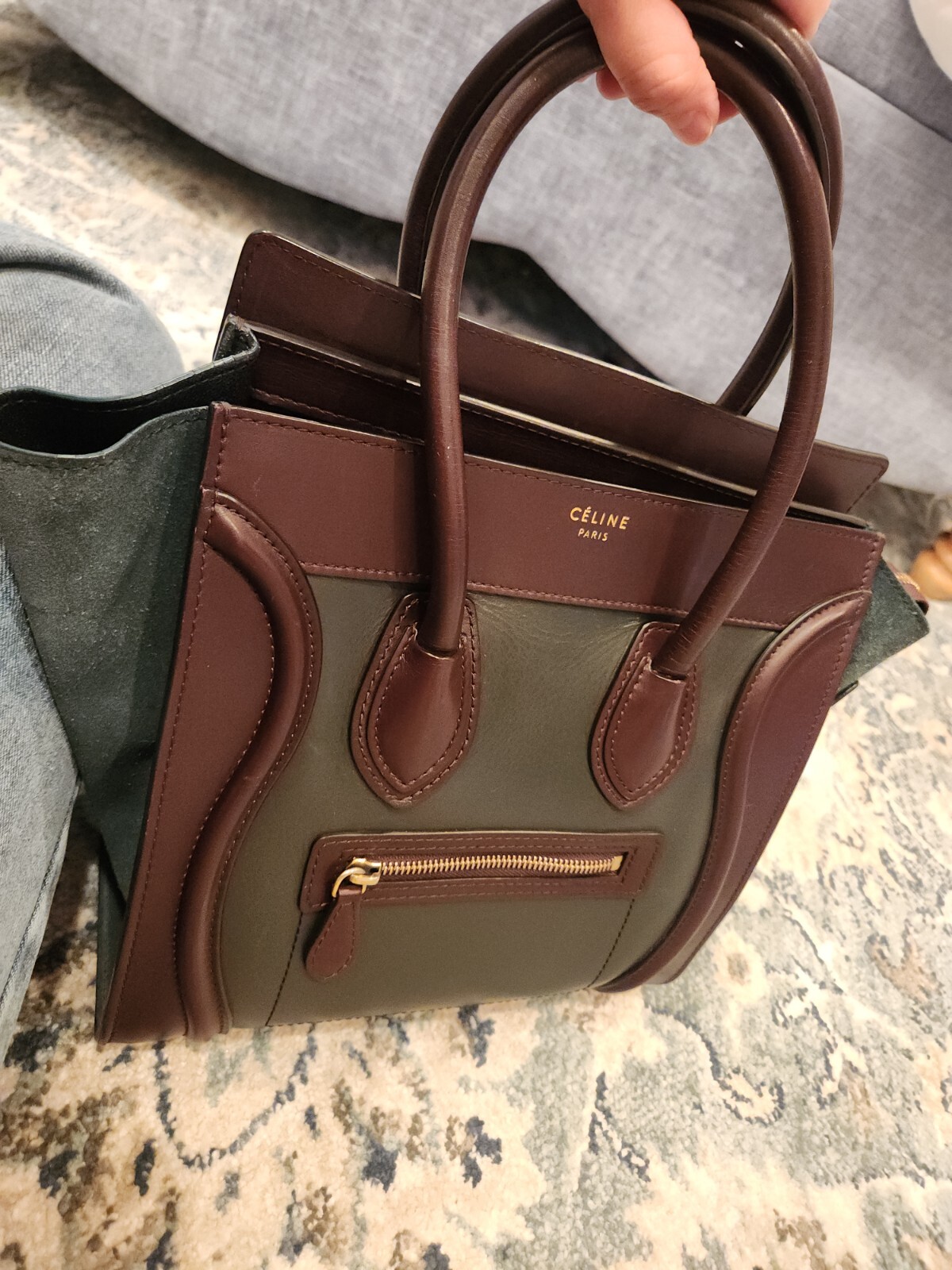 Celine Luggage Mini Shopper Handbag Forest Green Brown Drummed Calfskin Suede