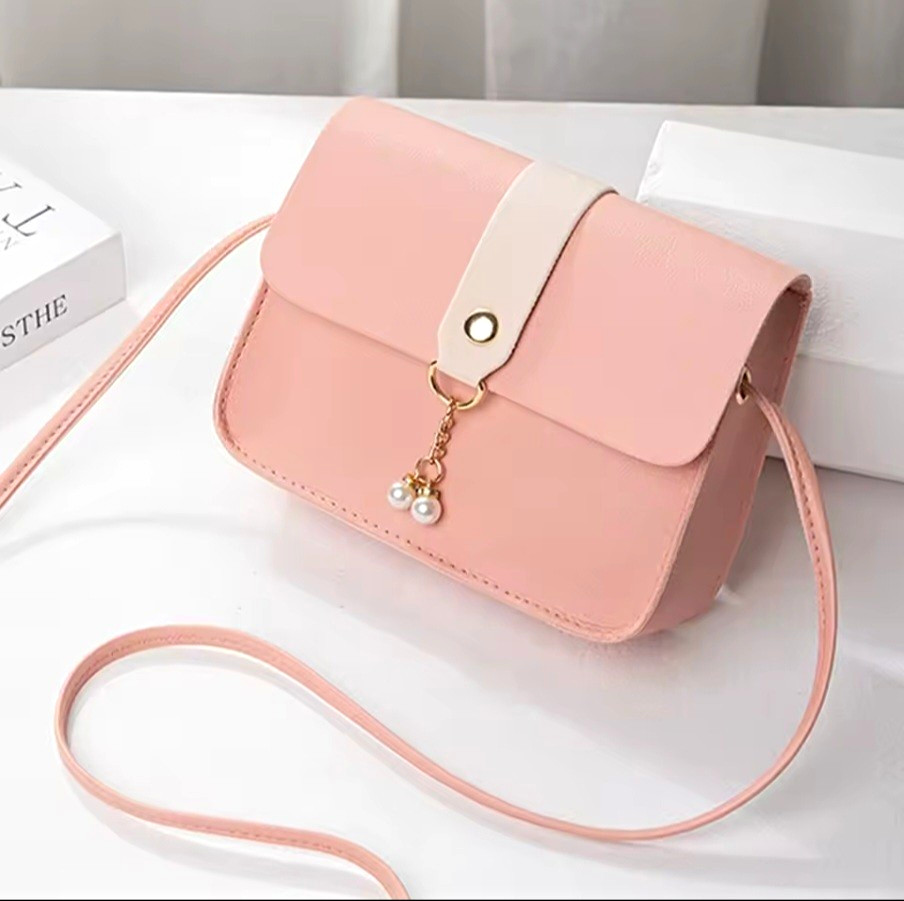 Women’s Small Pink Rectangle Crossbody Bag, Snap, Detachable Strap, Pearl, Gold