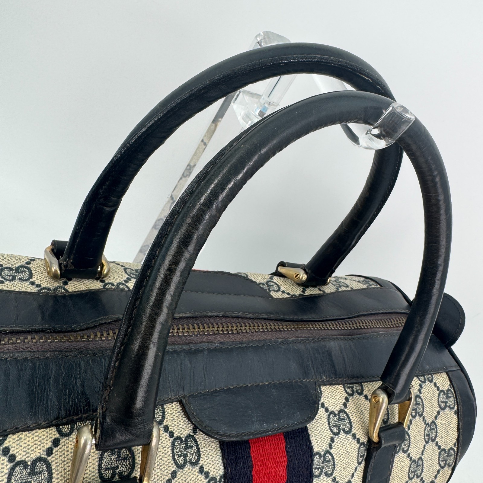 Gucci Vintage Boston Bag Hand Bag Sherry GG PVC Leather Authentic 369T0452
