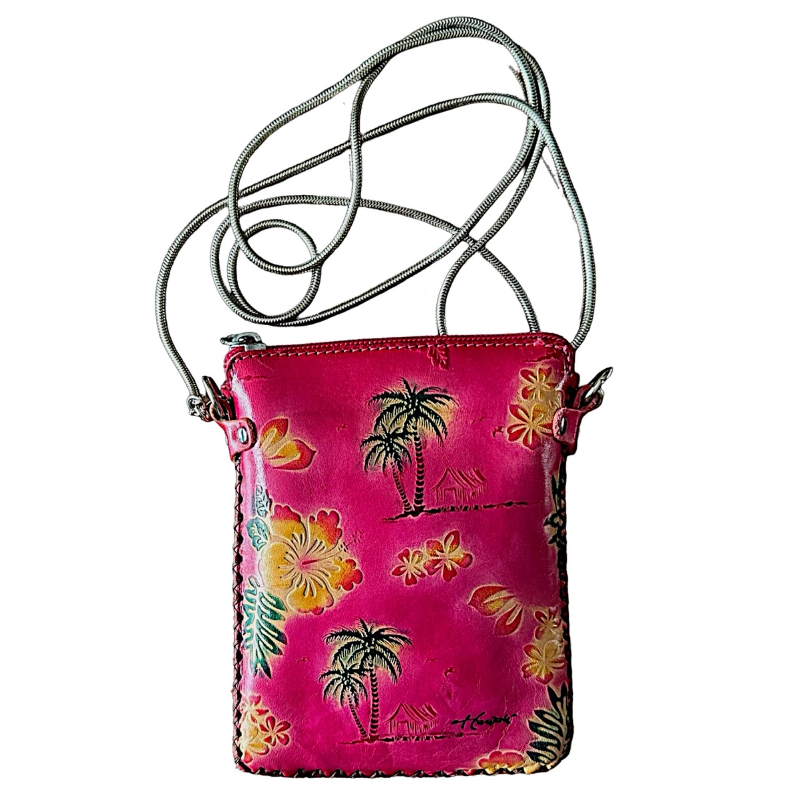 Hawaii Hand Crafted Leather Small Crossbody Purse 6”x 4.5” Artisan Embossed
