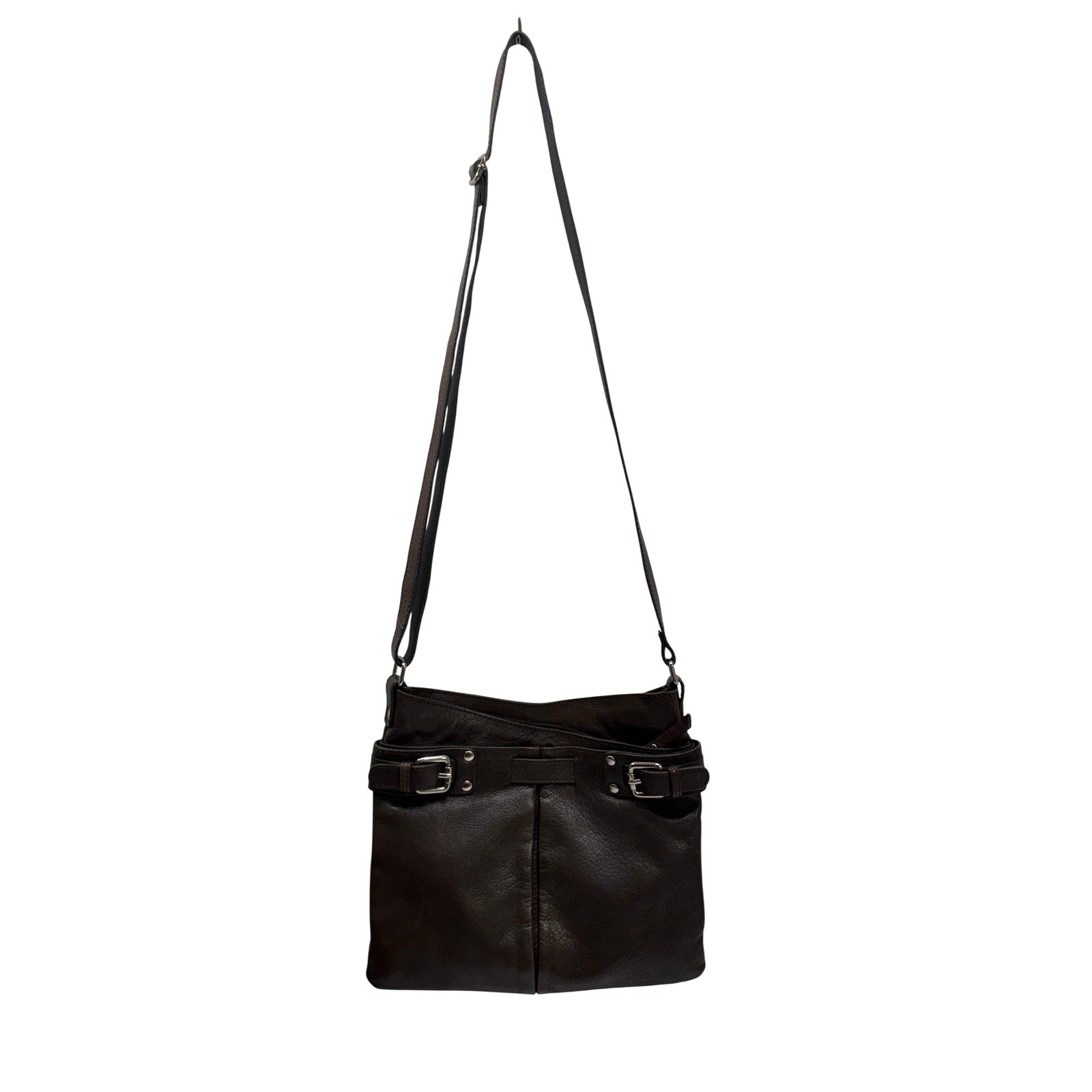 5th Avenue Dark Brown Real Leather Crossbody Bag Silver Buckle Detail Messenger