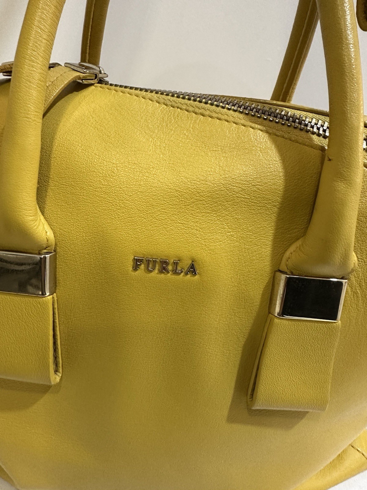 Furla Twiggy Medium Boston Shoulder Mustard Yellow Leather 32x25cm Rare