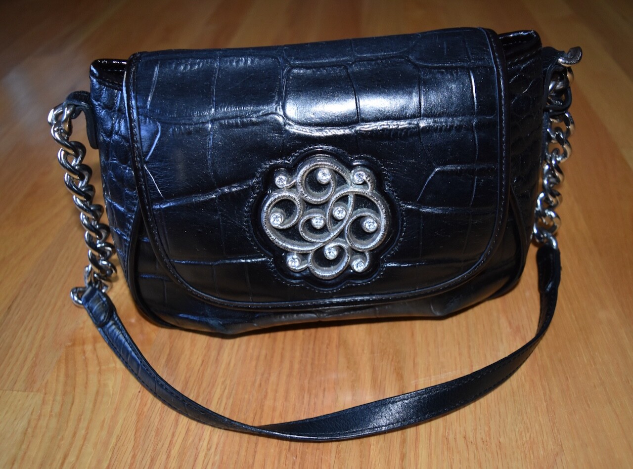 Brighton Black Leather Croc Handbag Purse Shoulder Bag Silver Tone Hardware