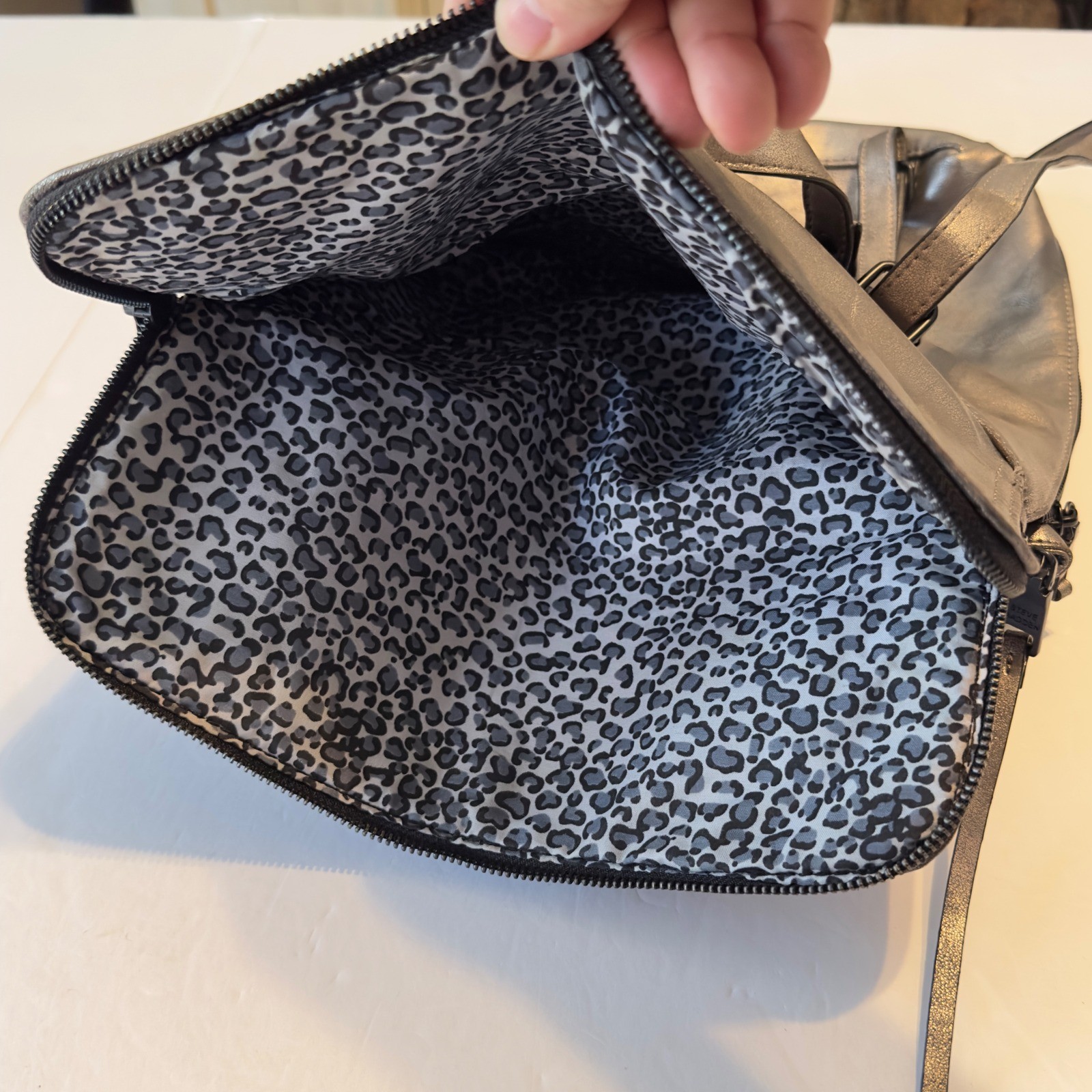 Steve Madden Metallic Silver Convertible Backpack Crossbody Bag Leopard Lining