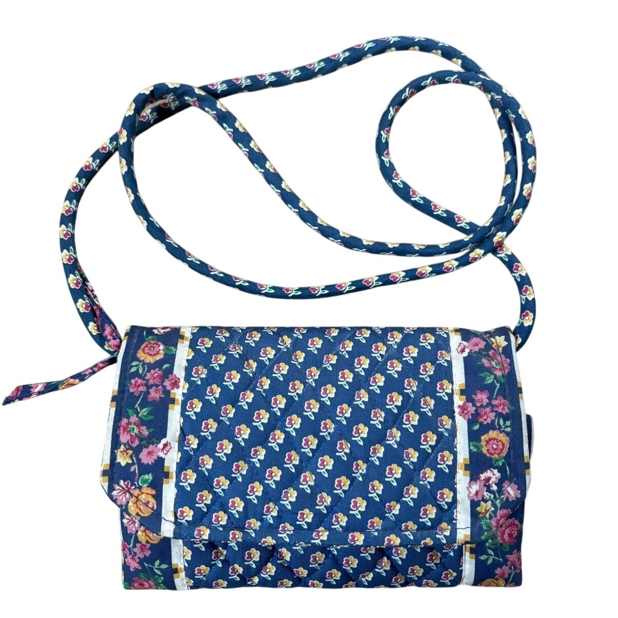 Vera Bradley Royal Blue Vintage Floral Quilted Crossbody Wallet Bag Card Slots