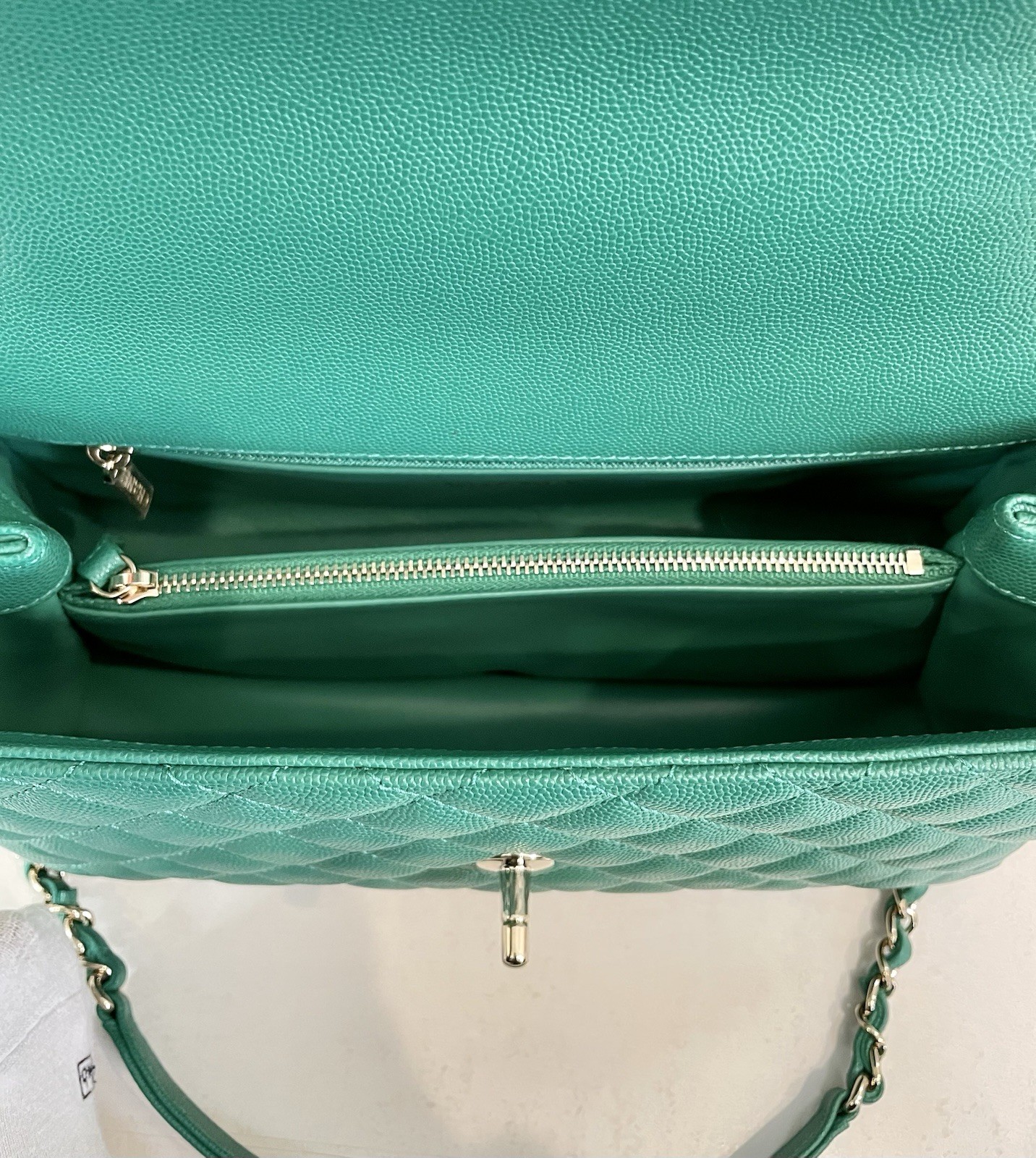 New 22A CHANEL Medium Large Flap Coco Top Handle Green Caviar Gold Bag RECEIPT