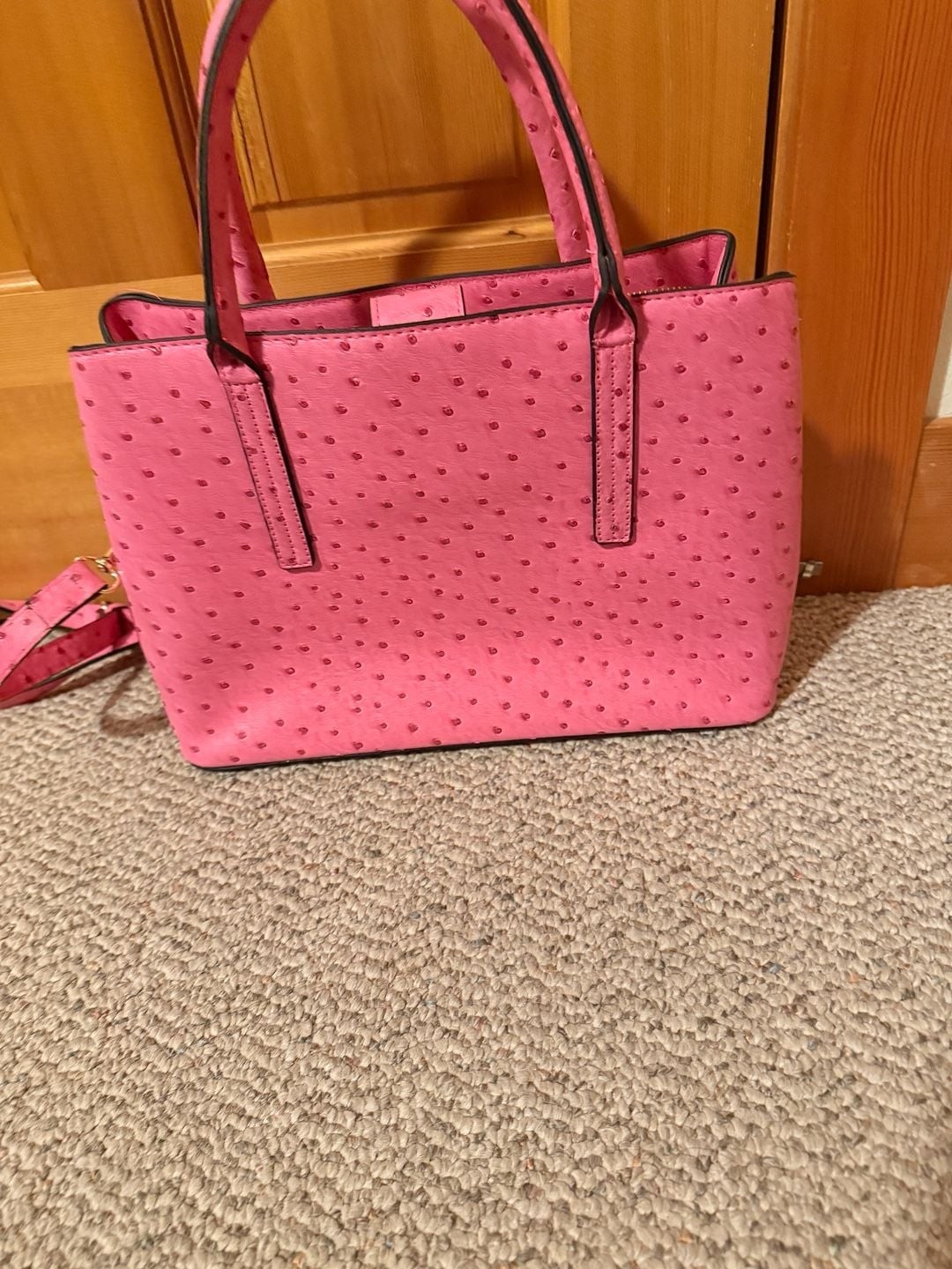 bebe Aubrey Faux Ostrich Pink Satchel with Matching Card Case