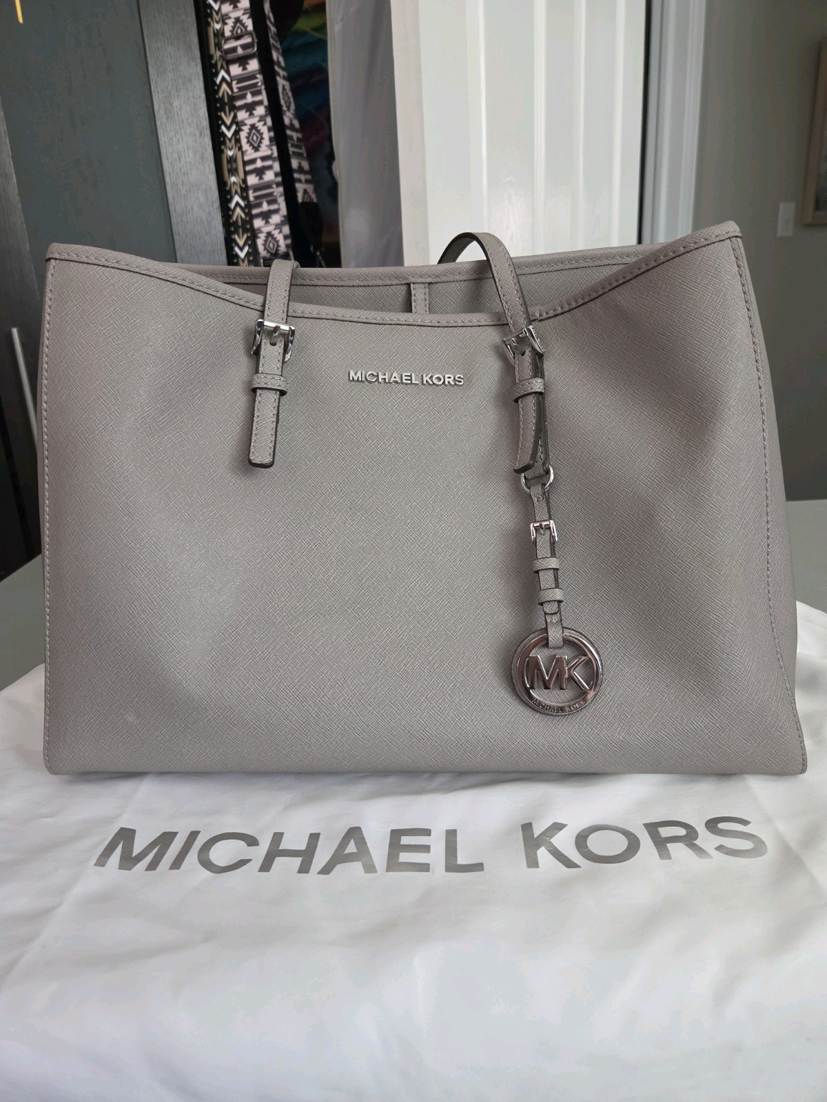 Michael Kors Women’s Gray Saffiano Shoulder Bag With Silver Emblem – pre-loved