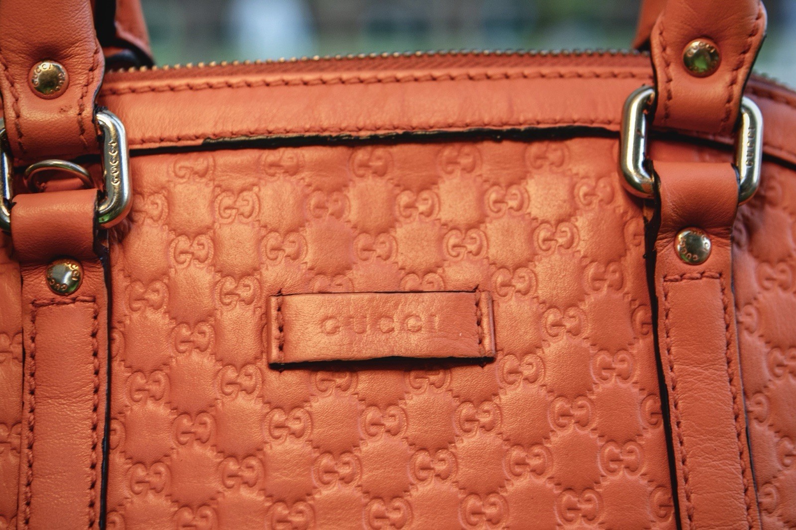Gucci Guccissima Orange GG Zip Top Handle Satchel Bag Lined Pockets Silver