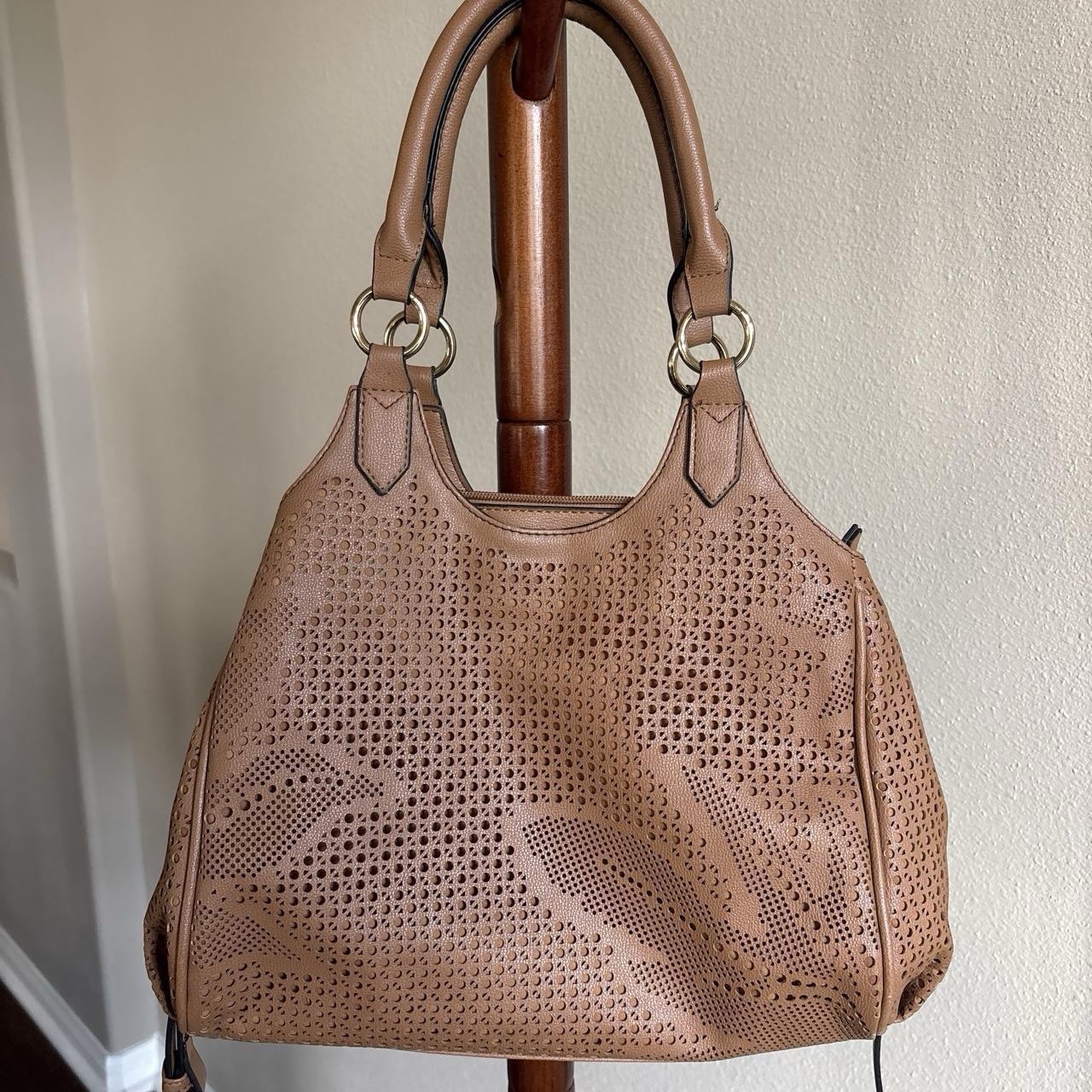 SevenDays Tan Perforated Satchel Top Handle Zip Bag w/ Detachable Strap