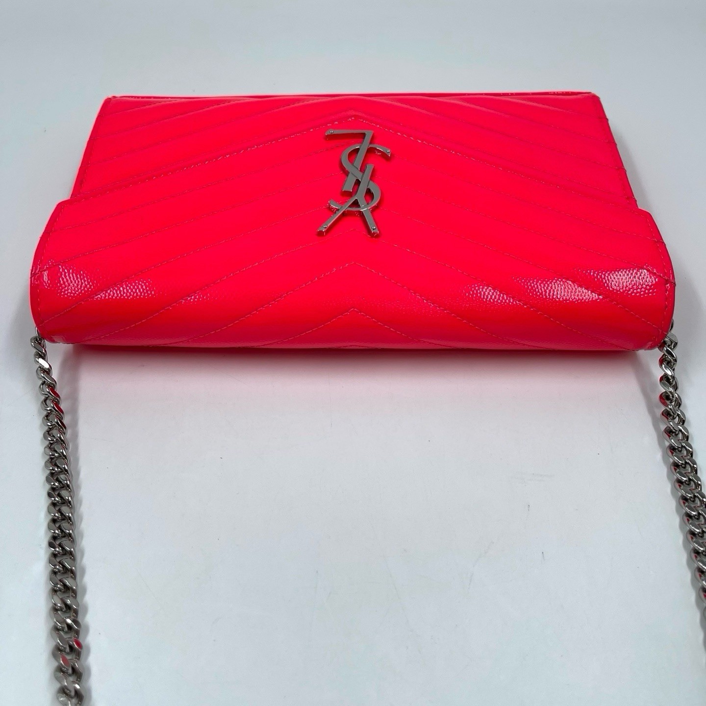 SAINT LAURENT YSL Monogram Chain Crossbody Bag Pink Patent Leather 033011