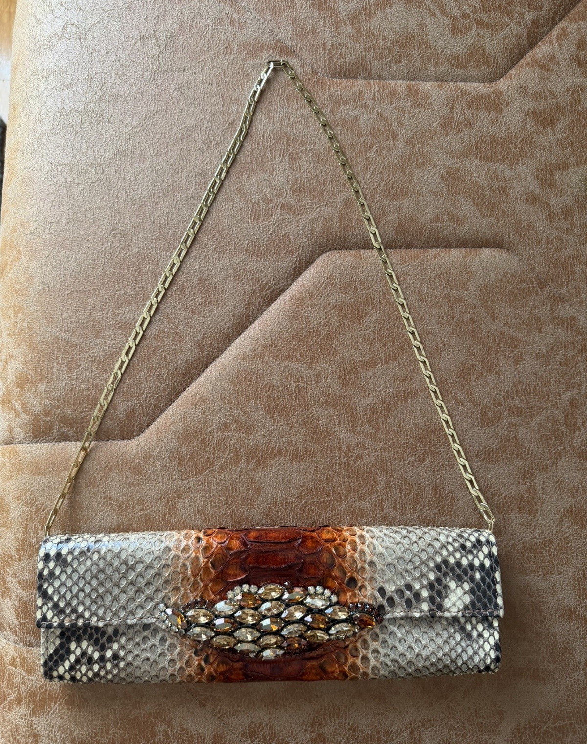 Carlos Falchi Embossed Snake Skin Clutch Gold Chain Strap Snap Multicolor