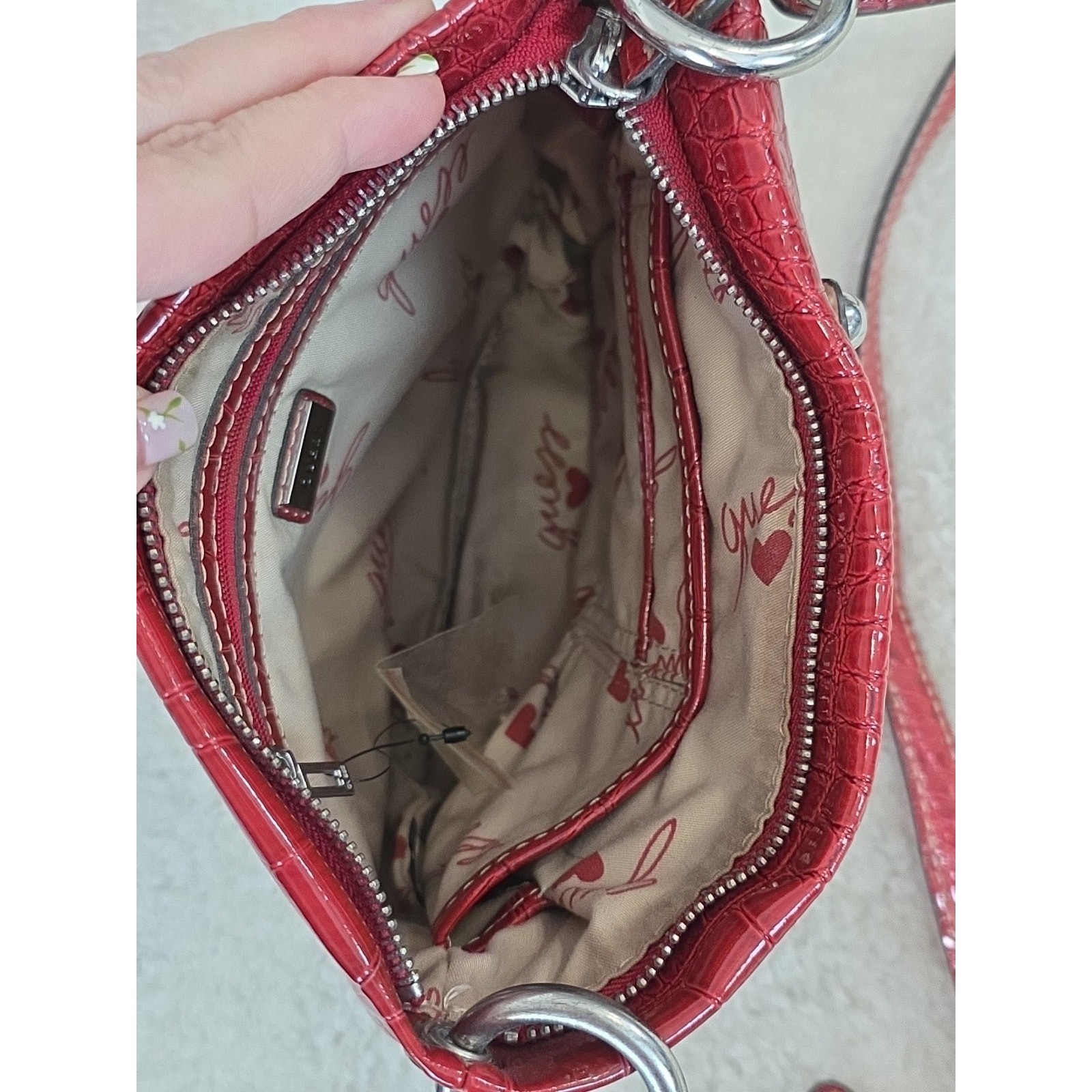 GUESS Chastity Croc Embossed Rhinestone Logo Crossbody Messenger Bag Purse Red