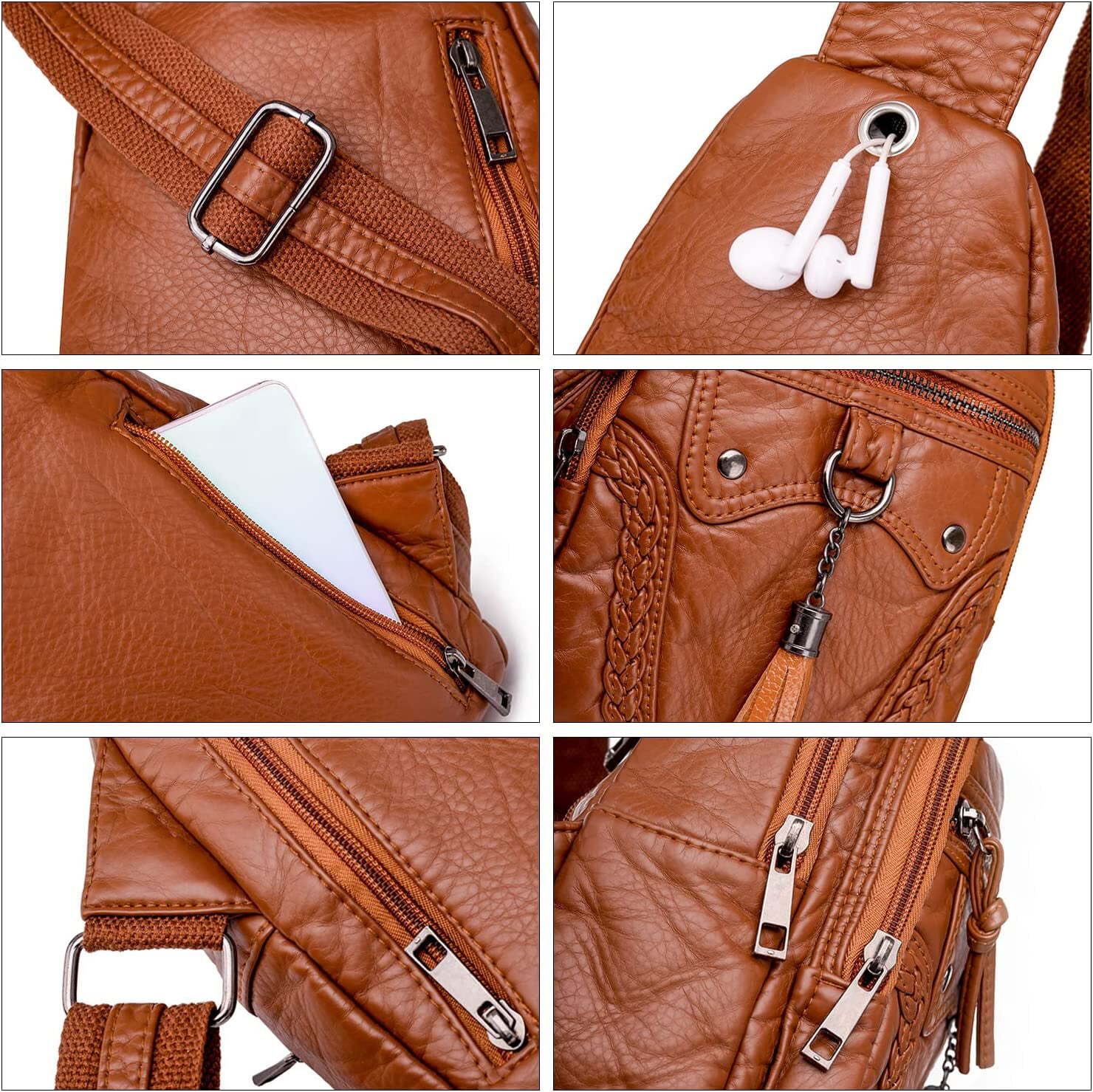 Leather Sling Bag for Women Waterproof Crossbody Bag Chest Bag for Travel Hiking