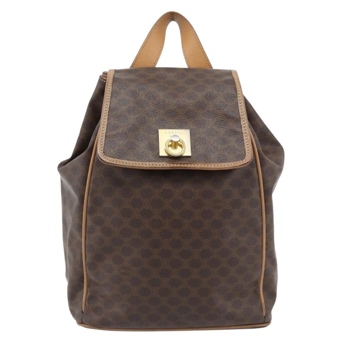 CELINE Macadam Canvas Backpack PVC Leather Brown Gold Auth bs35270