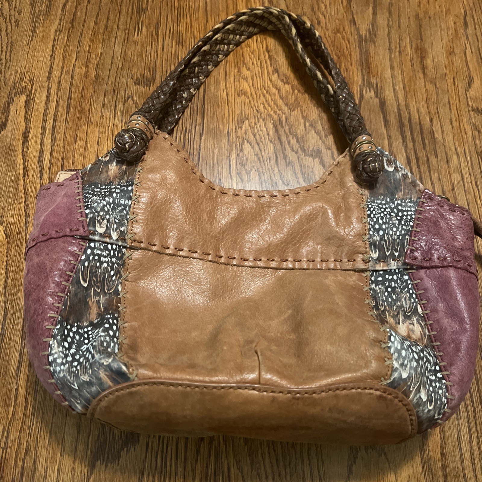 THE SAK Indio Boho Leather Patchwork Purse Hobo Shoulder Bag Braided