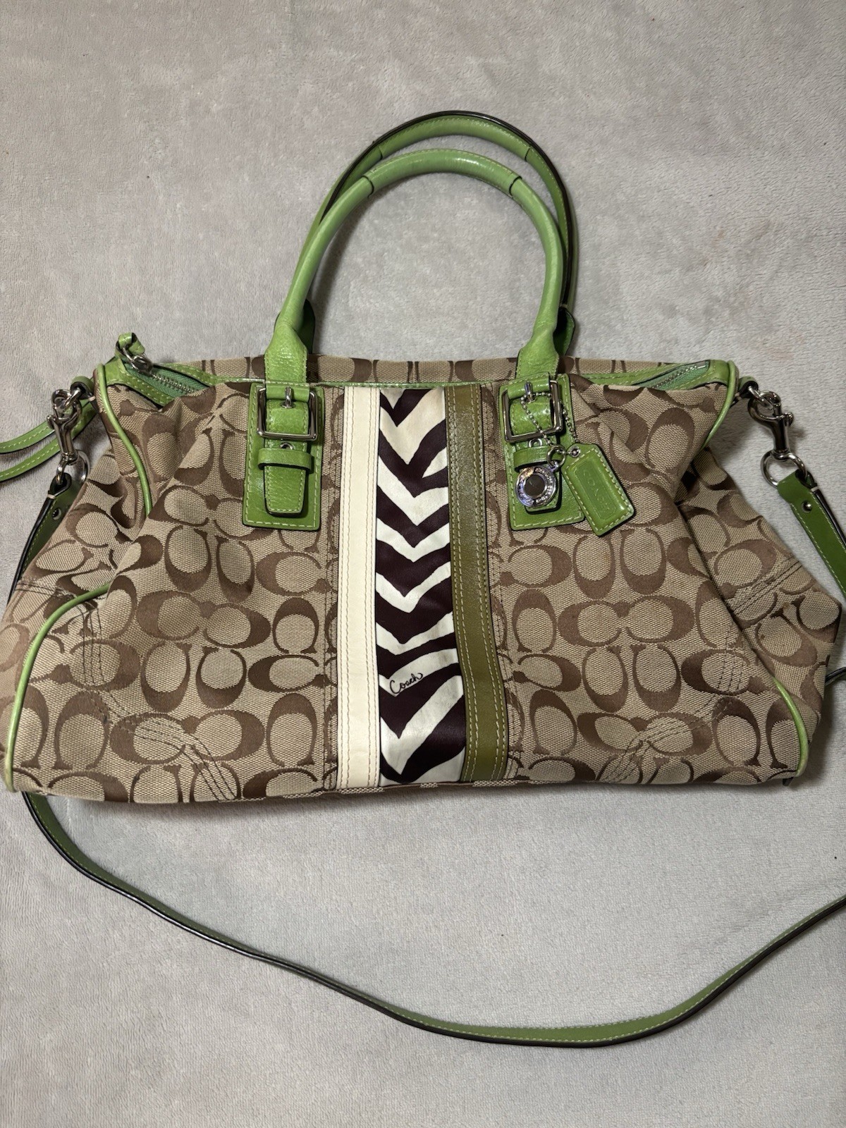 Rare Vintage Coach Hampton Nancy Signature Zebra Stripe Satchel Green Handbag