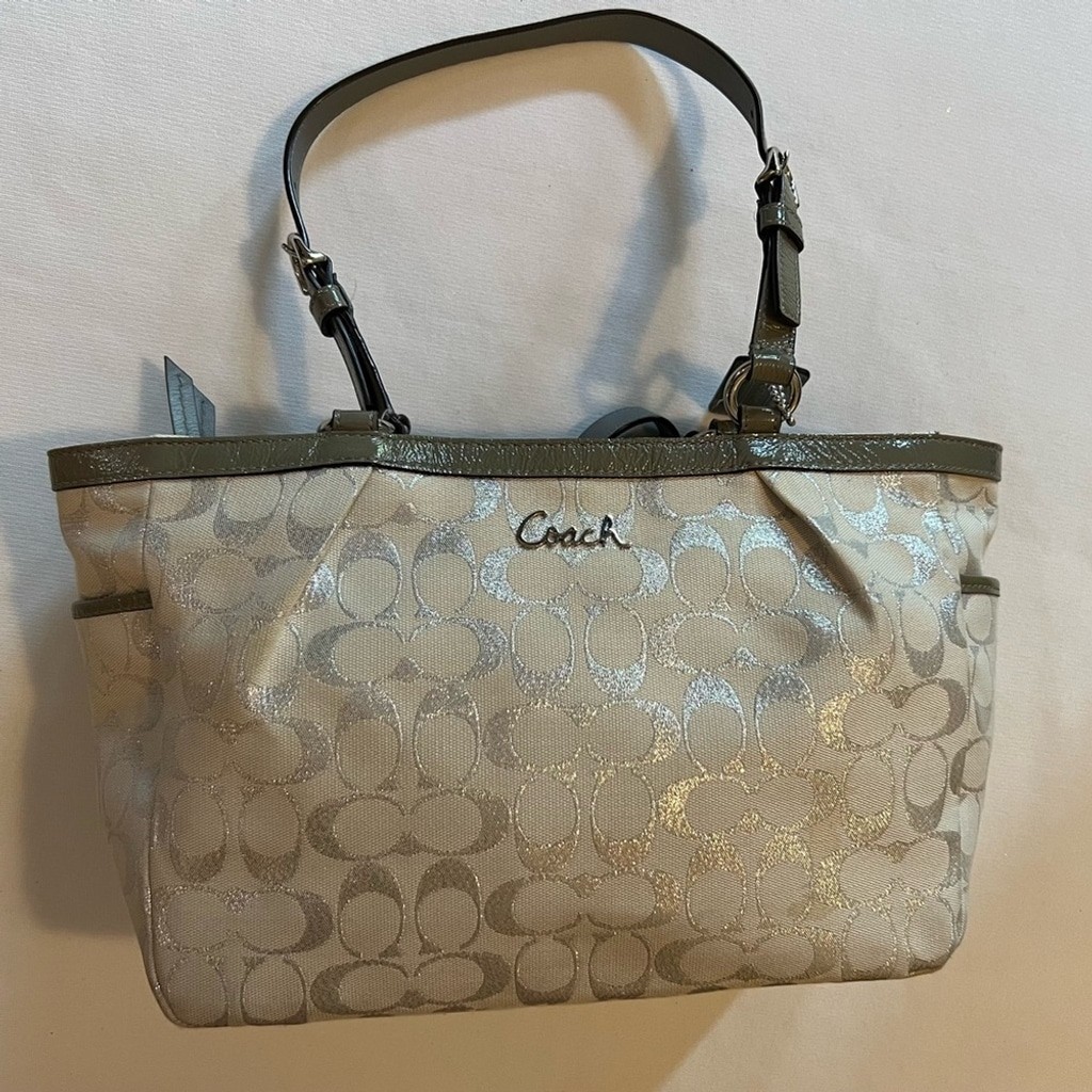Coach Silver Metallic Signature Lurex Gallery Tote w/ Olive Patent Leather Trim