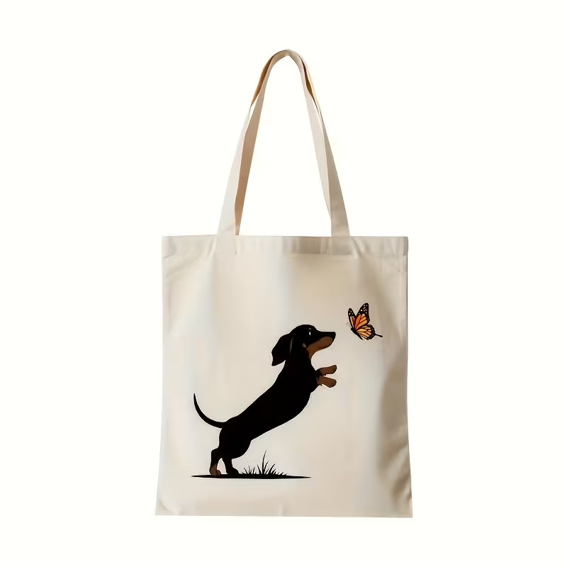 NEW Dachshund Dog & Butterfly Canvas Tote Shopping Bag beige 14.75×13 in. beige