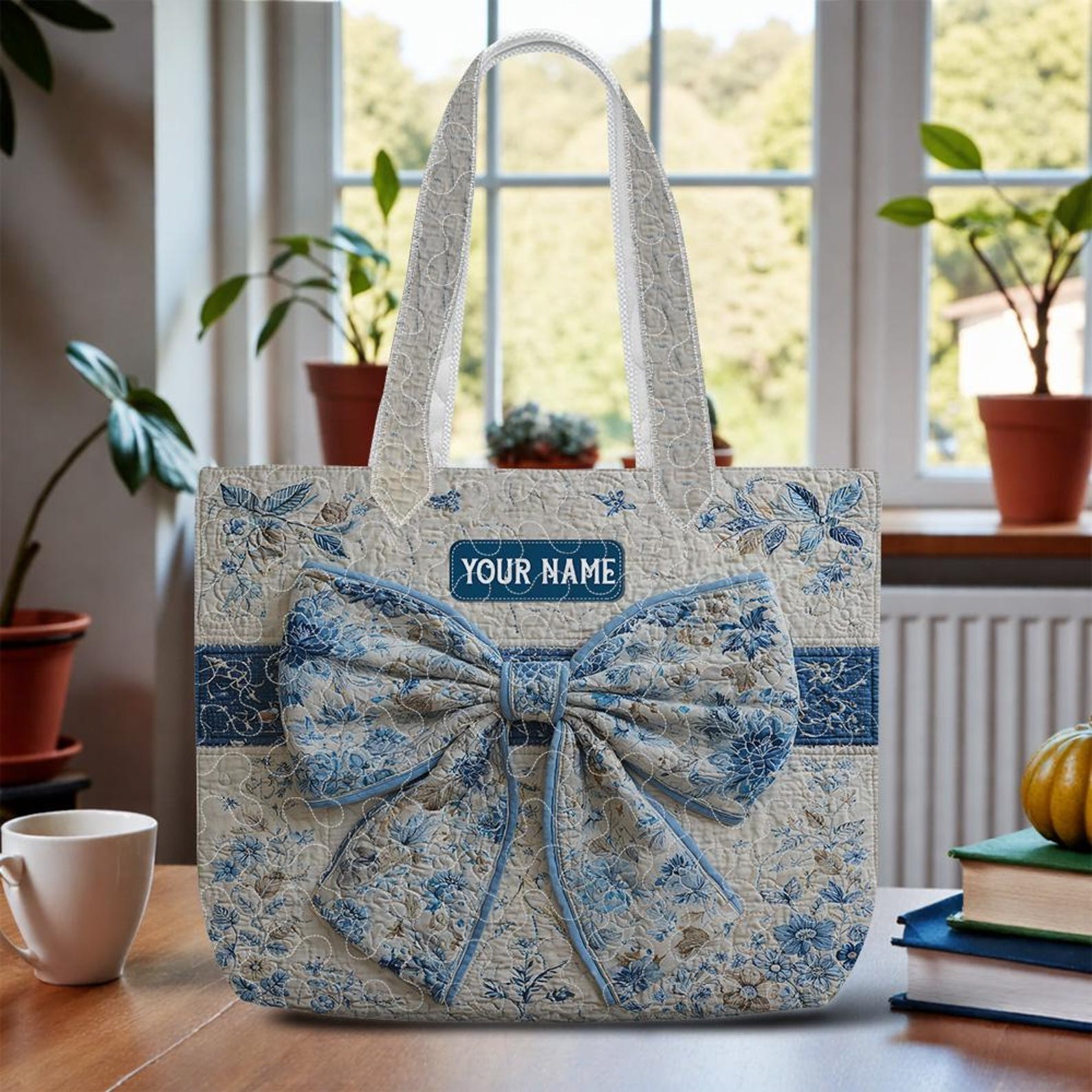 Personalized Quilted Tote Bag with Bow – Custom Floral Quilt Tote, Quilted Inspi