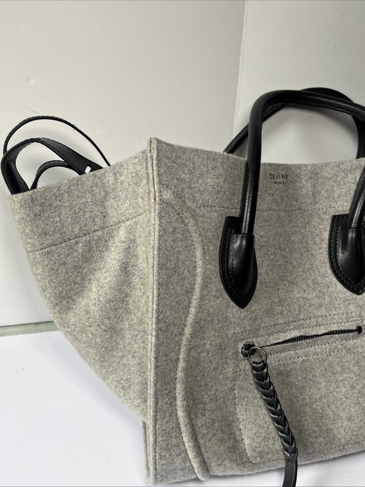 Céline Medium Phantom Luggage Tote Grey Felt Black Leather Trim