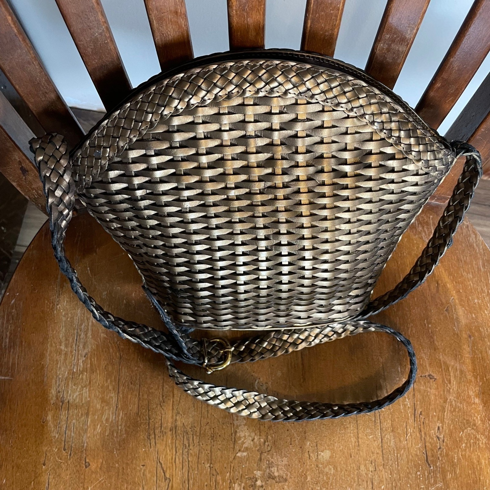 VTG 80s Brio! Metallic Woven Leather Basket Bag Braided Strap Bronze Gold