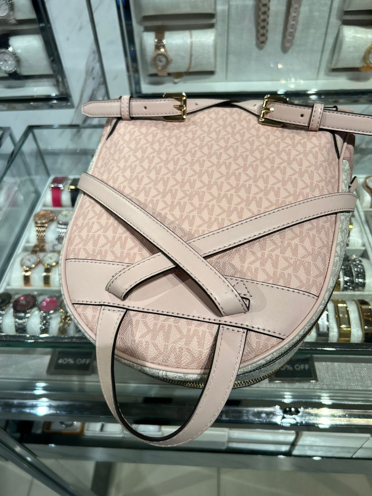 Michael Kors Rhea Medium Backpack Women PVC Bag + Bifold Wallet Set Powder Blush