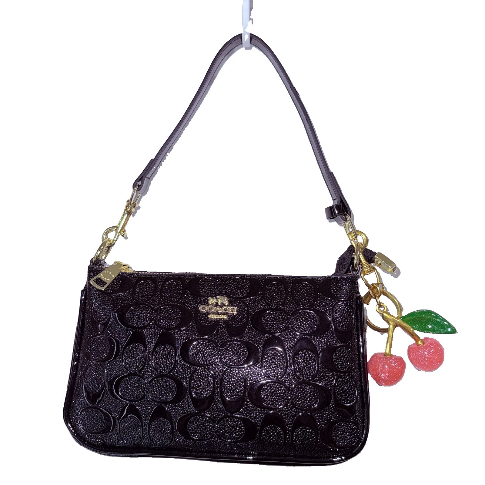 Coach Signature Logo Small Pink Shoulder Bag Chain Strap Cherry Charm Zip