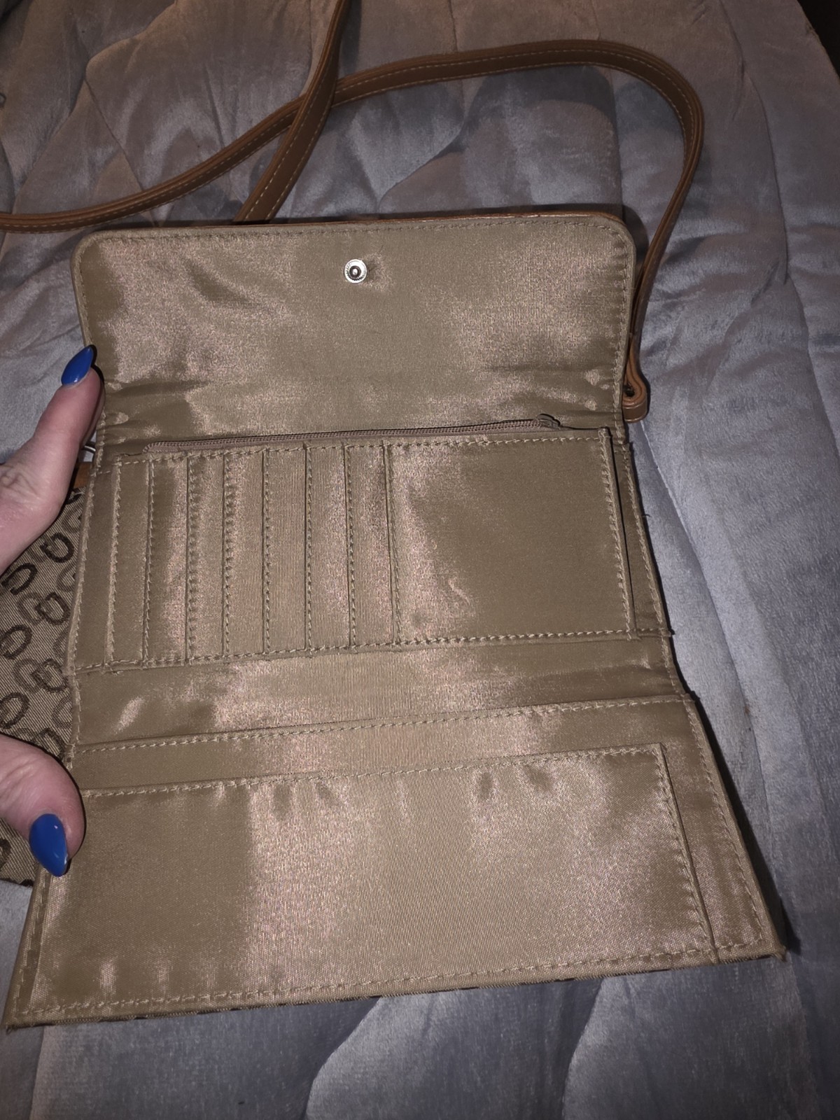 Beige Brown Logo Crossbody Bag Zip Snap Detachable Adjustable Strap Silver