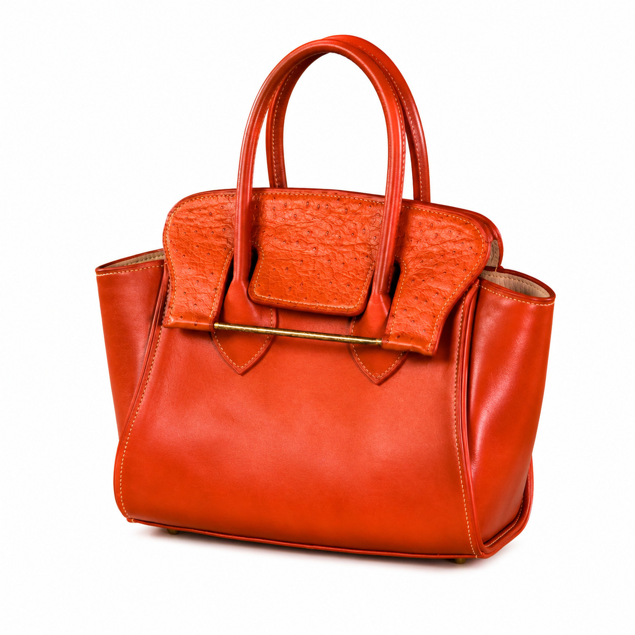 Handmade Cognac Leather Satchel Handbag Ostrich Embossed Top Handle Purse